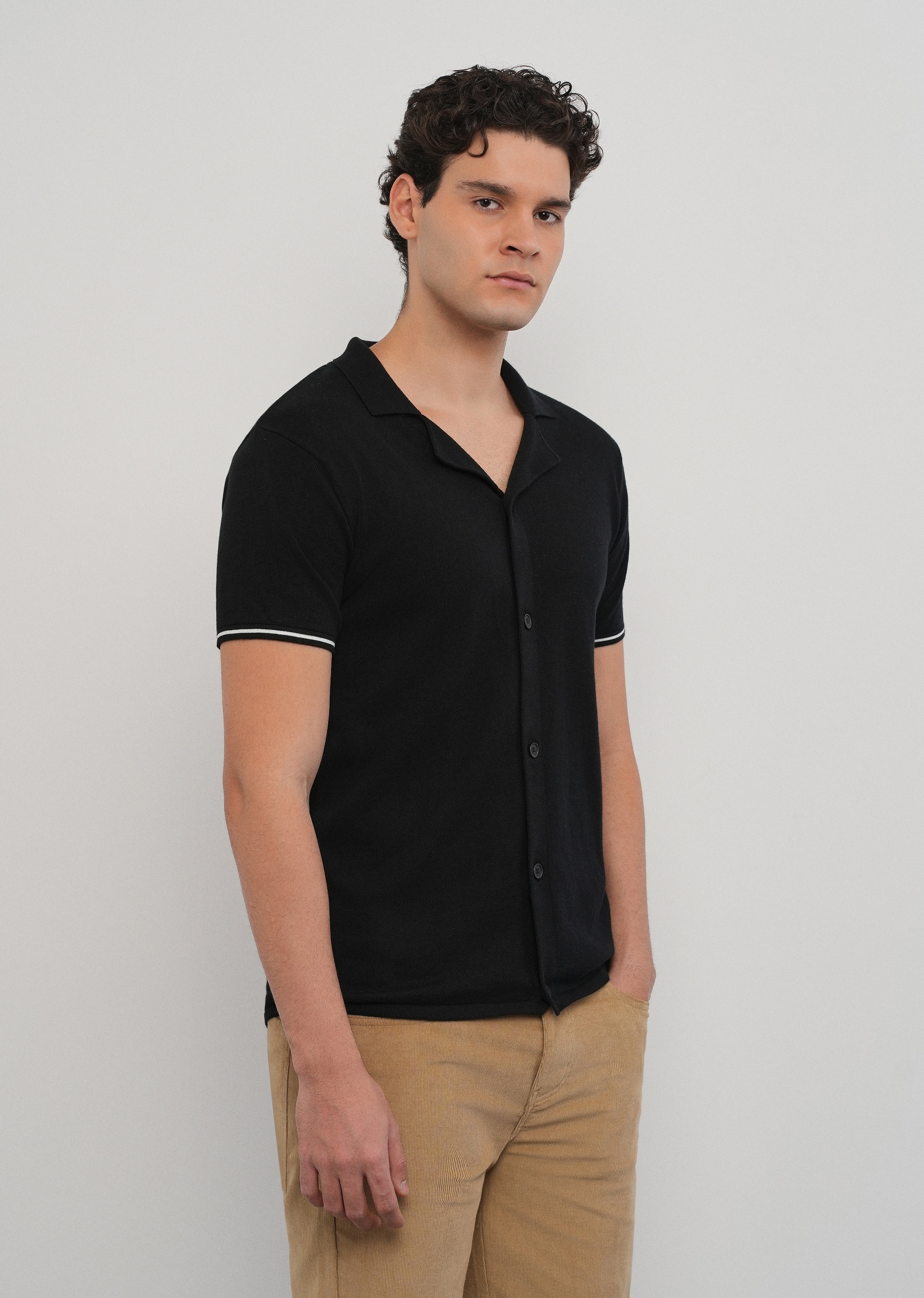 Black Plain Knit Cuban Collar Shirt