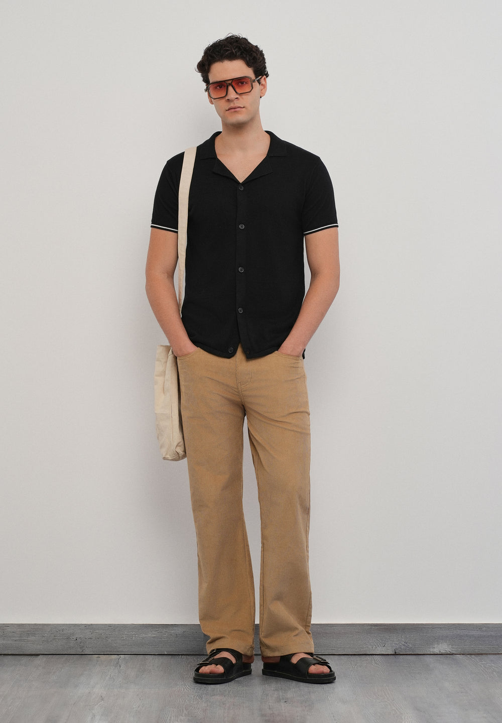 Black Plain Knit Cuban Collar Shirt
