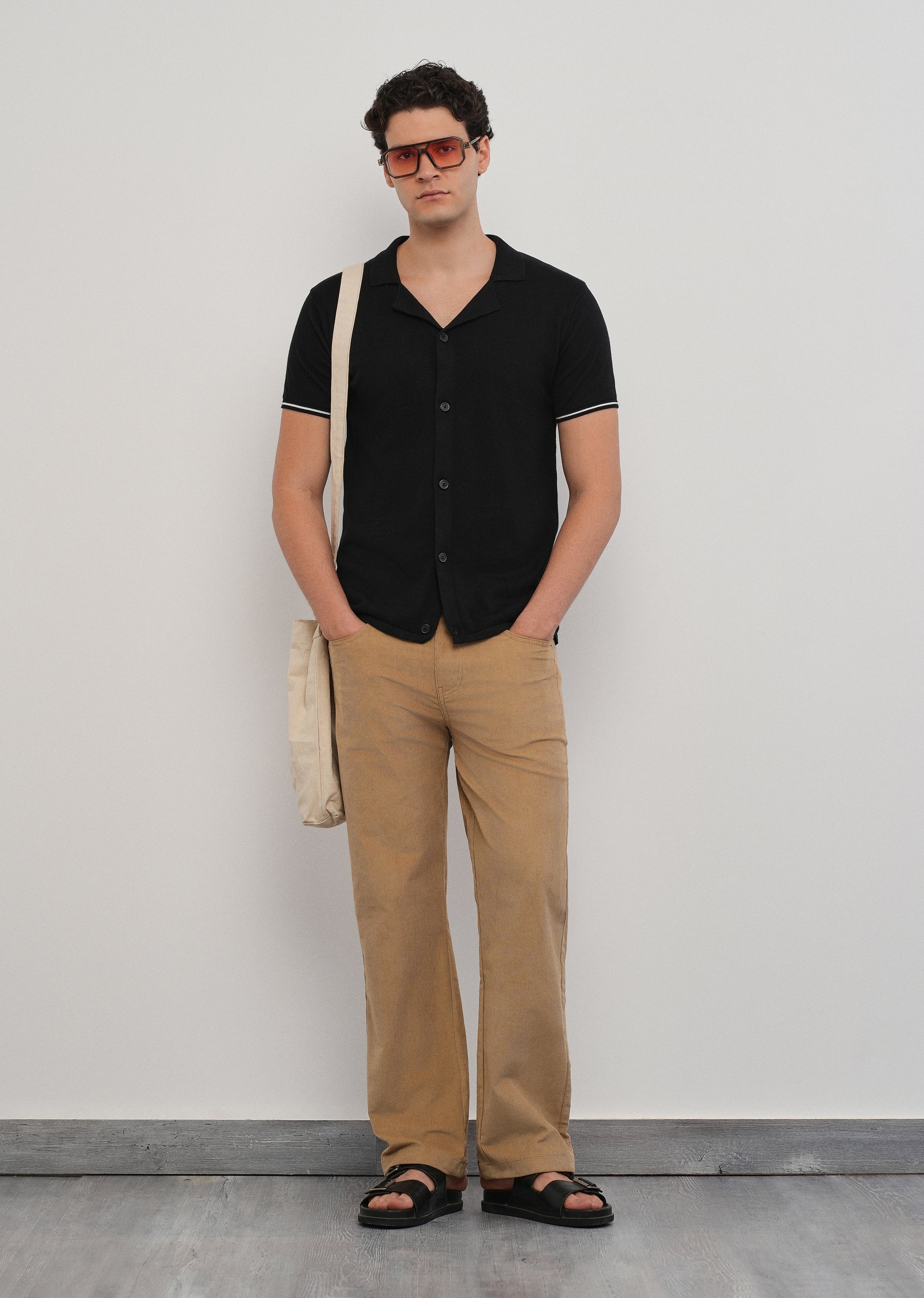 Black Plain Knit Cuban Collar Shirt