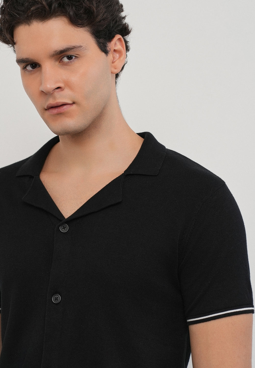 Black Plain Knit Cuban Collar Shirt