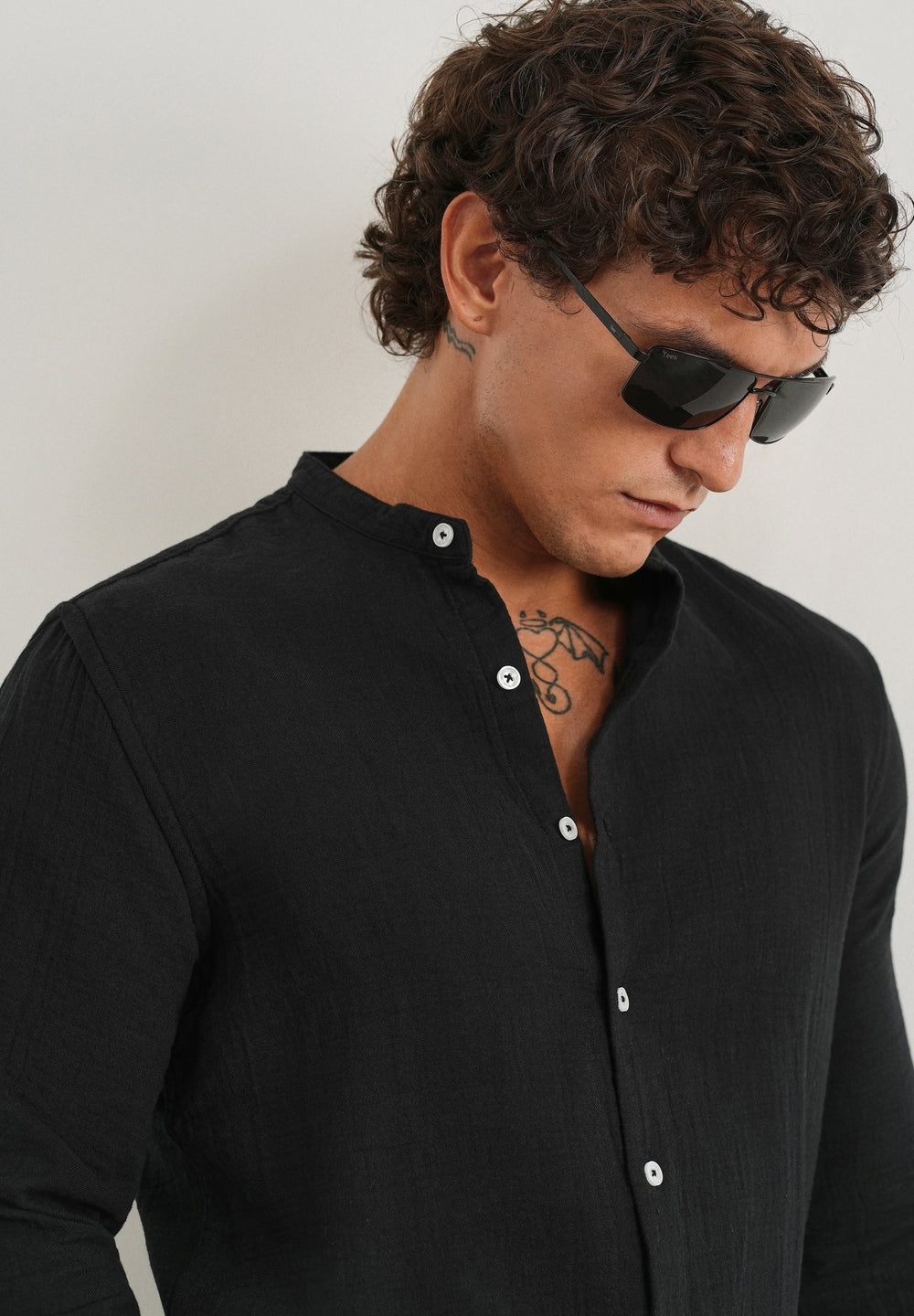 Black Plain Mandarin Collar Cotton Shirt