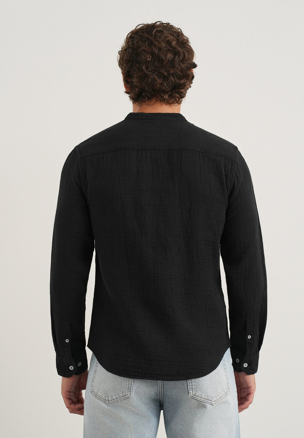 Black Plain Mandarin Collar Cotton Shirt