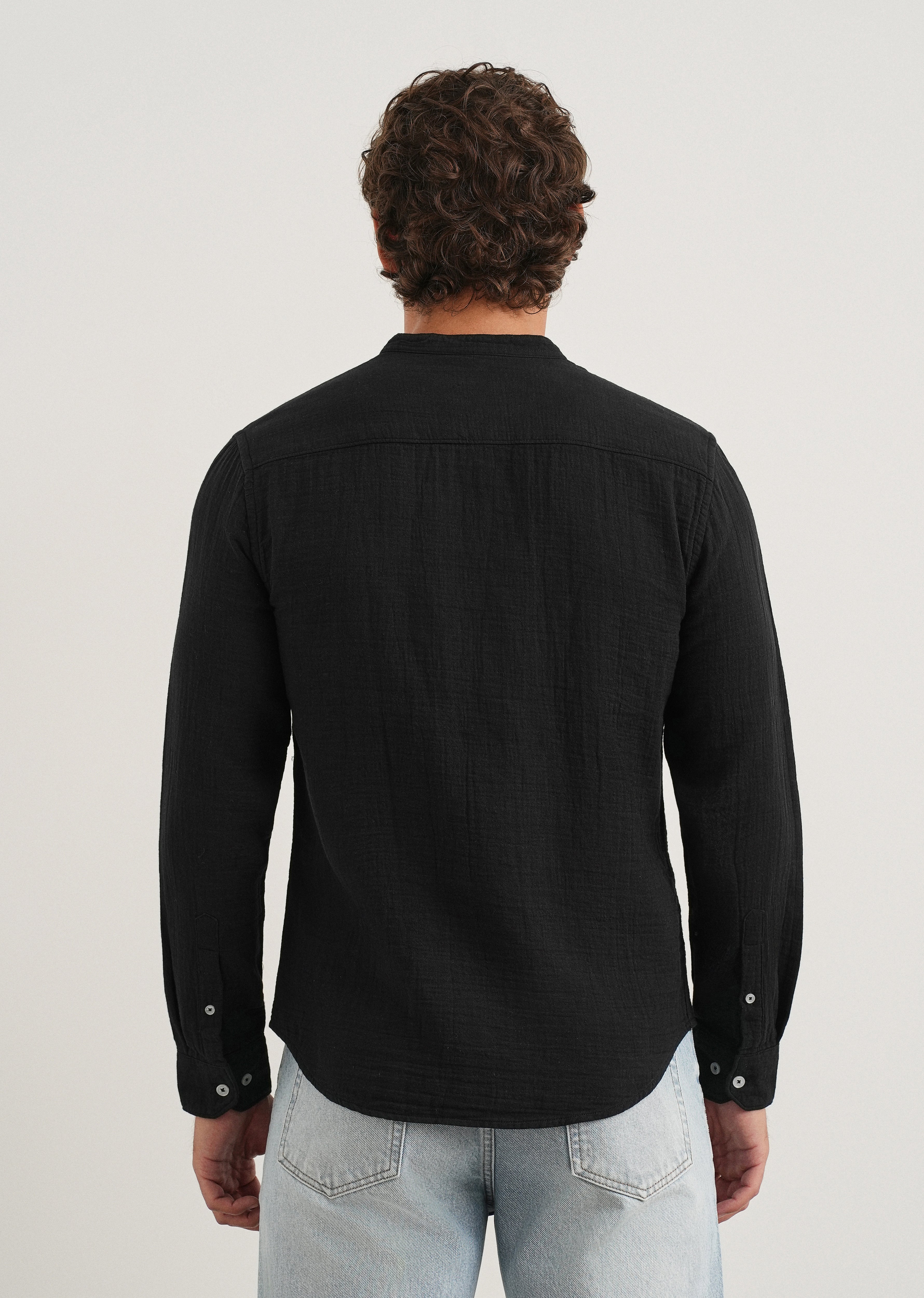 Black Plain Mandarin Collar Cotton Shirt
