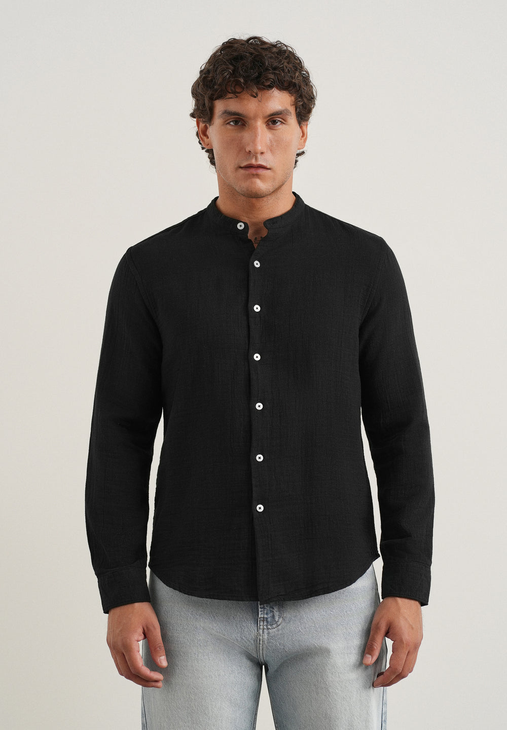 Black Plain Mandarin Collar Cotton Shirt
