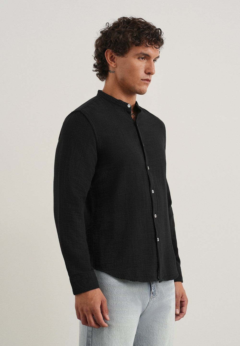 Black Plain Mandarin Collar Cotton Shirt