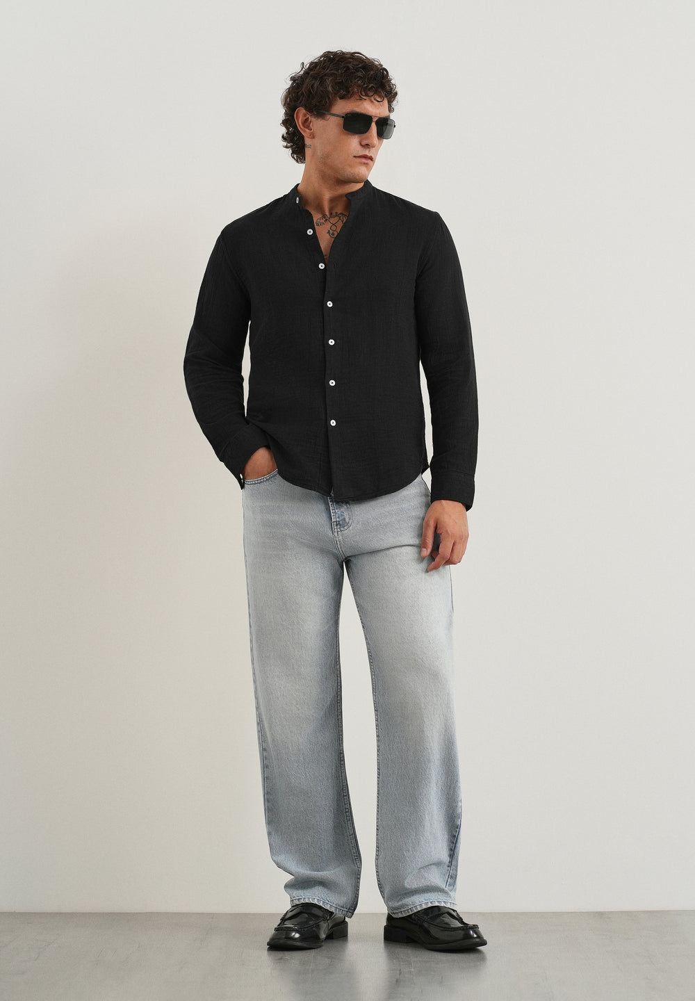 Black Plain Mandarin Collar Cotton Shirt
