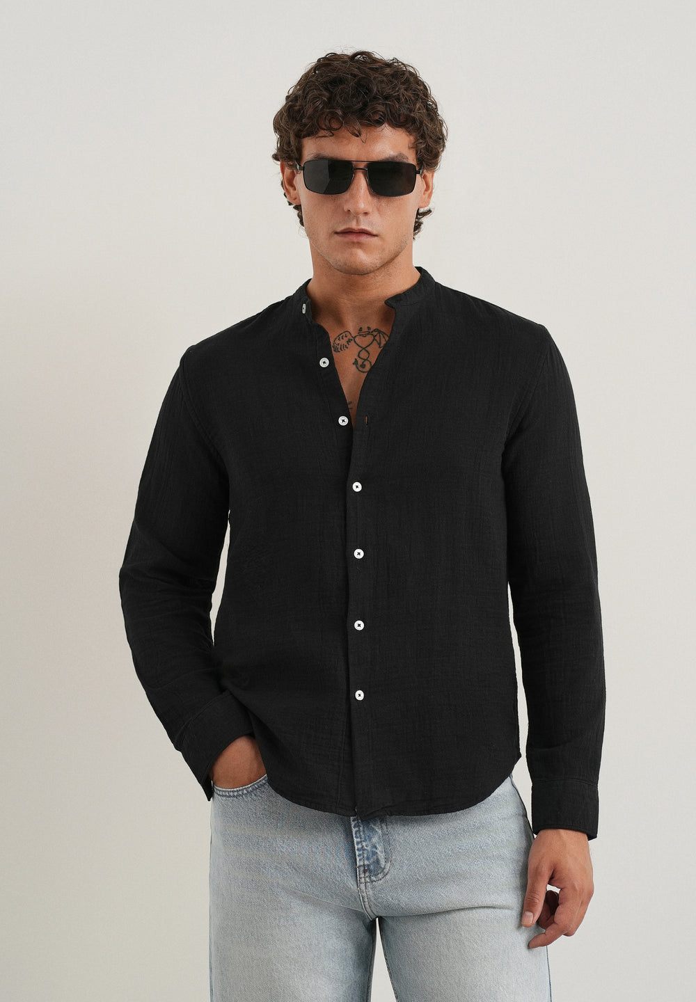Black Plain Mandarin Collar Cotton Shirt