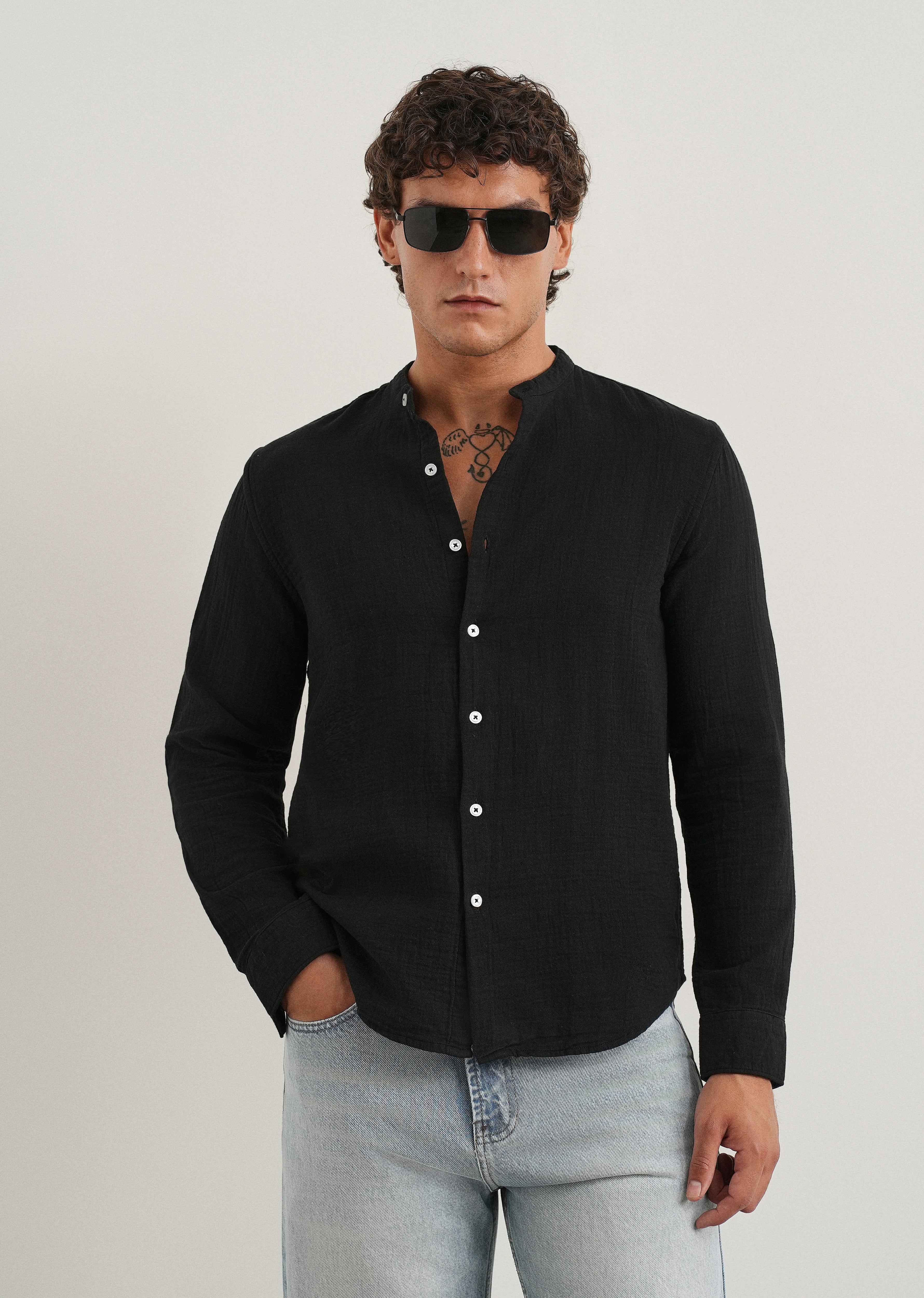 Black Plain Mandarin Collar Cotton Shirt