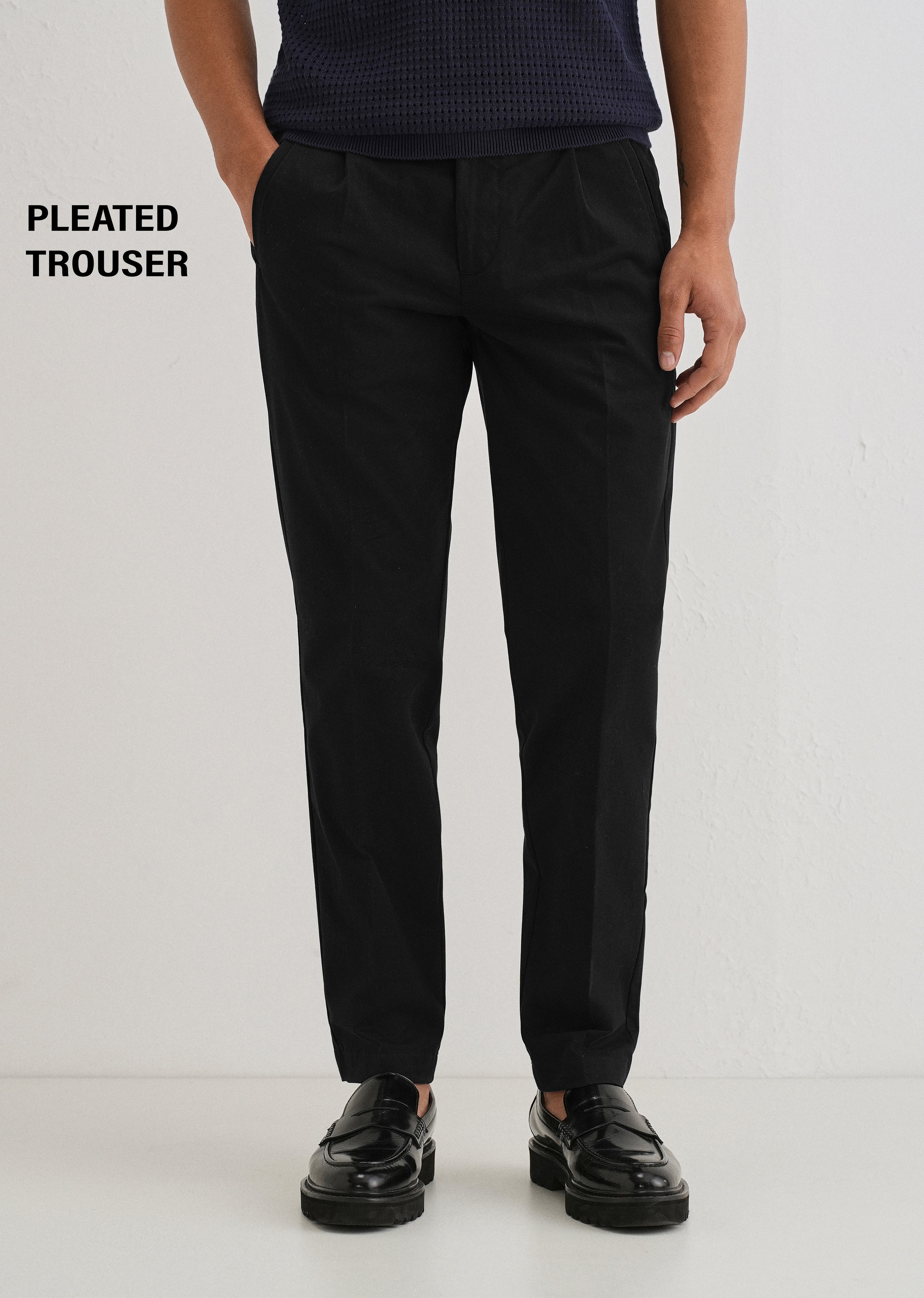 Black Plain Pleated Chinos