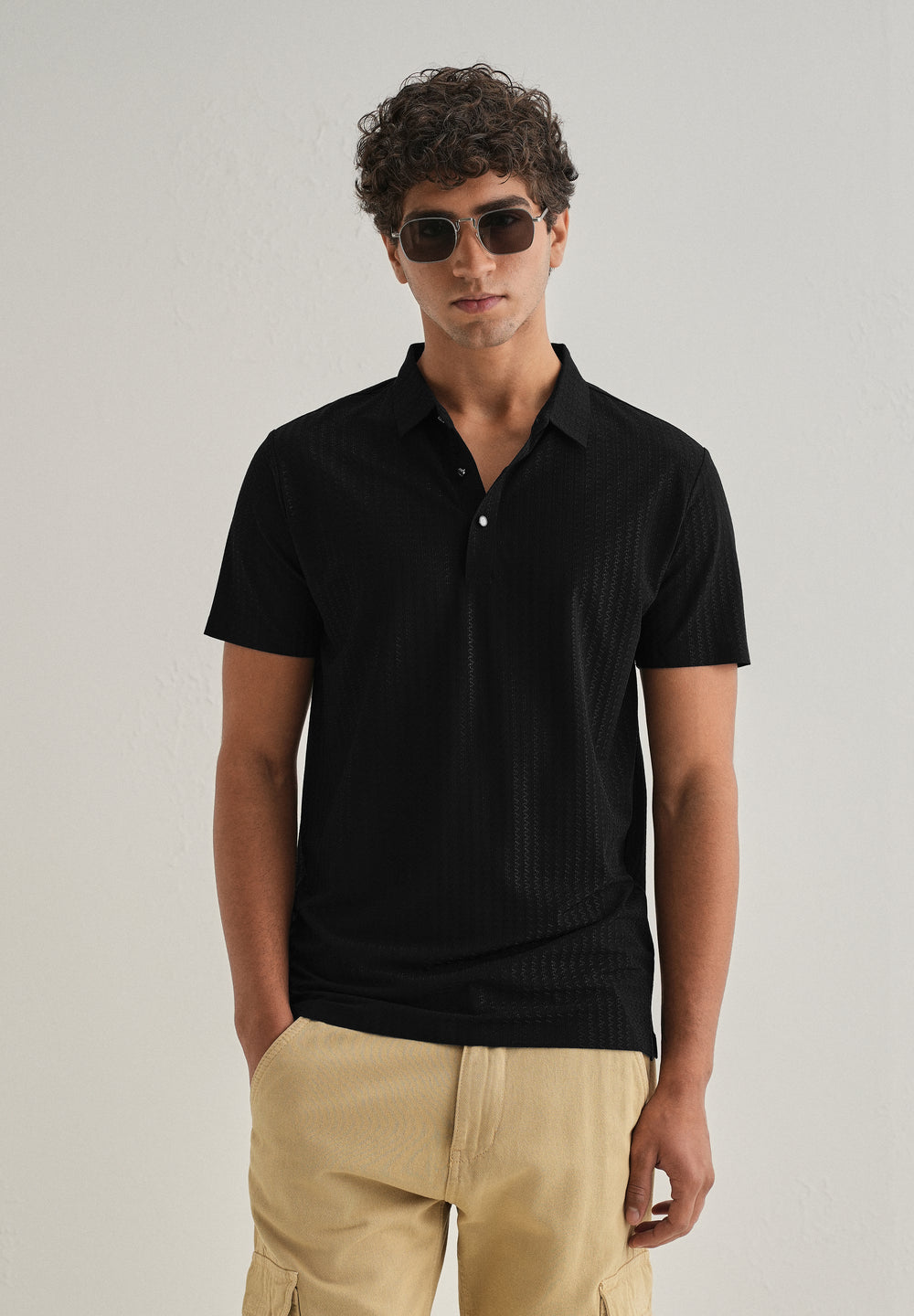 Black Polo Collar Printed Seamless T-shirt