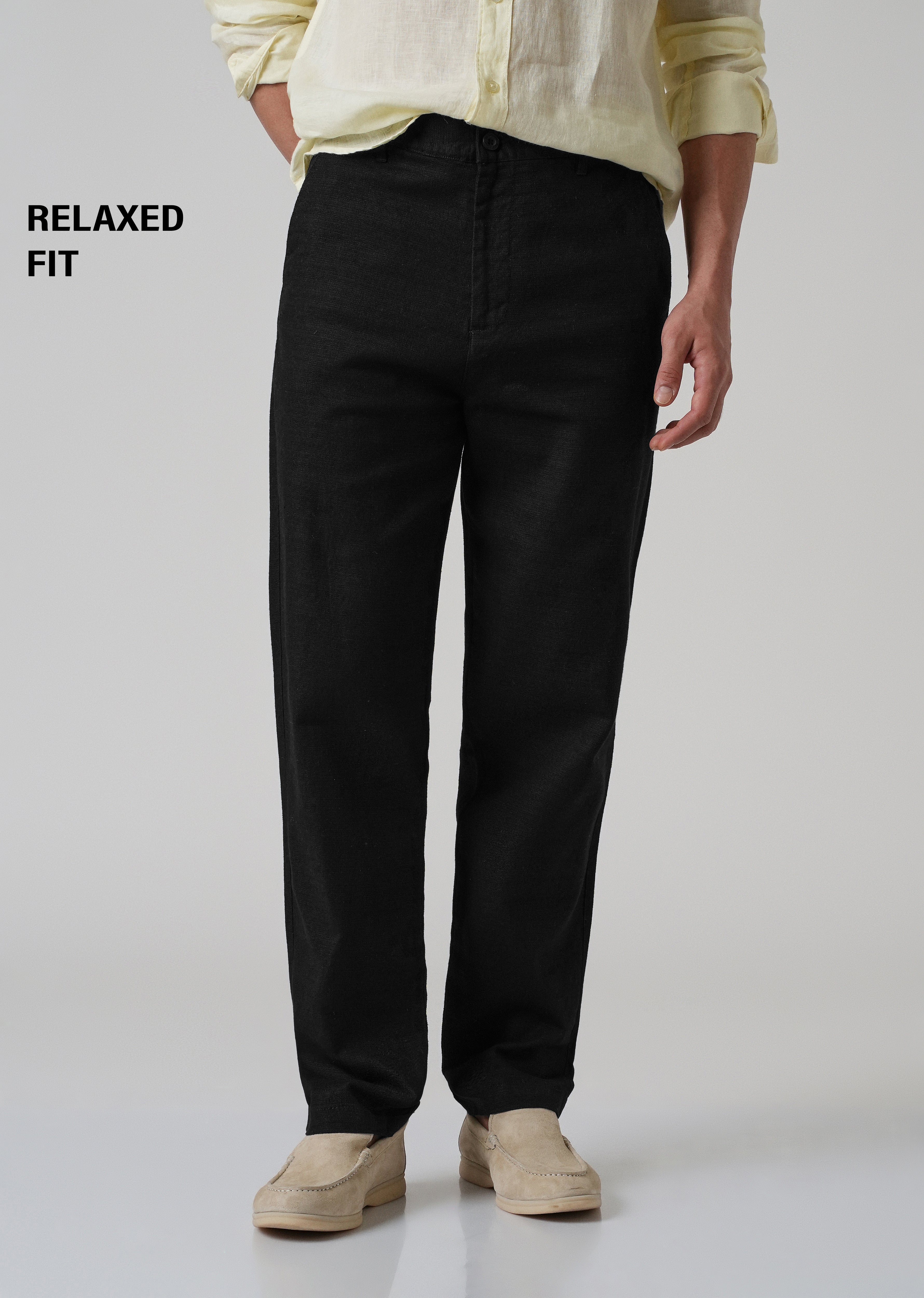Black Linen-Look Cotton Trousers