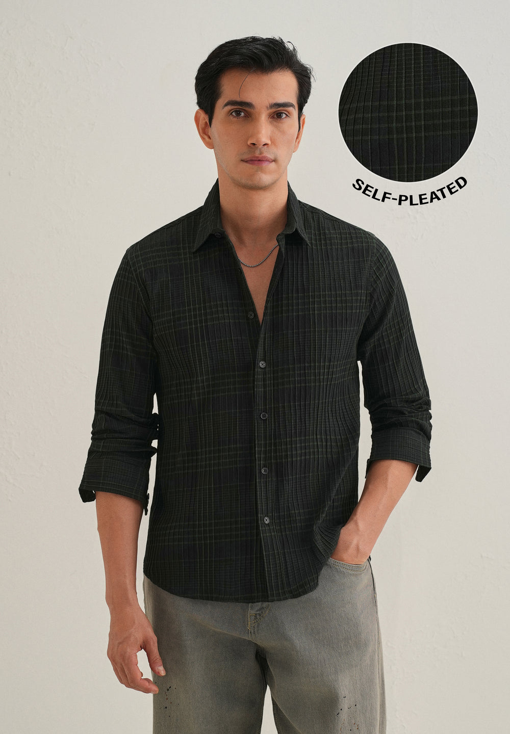 Deep Black Self-Pleated Check Shirt