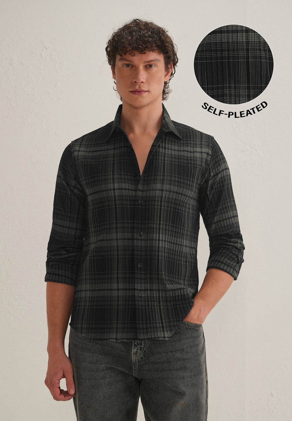 Black Self-Pleated Check Shirt