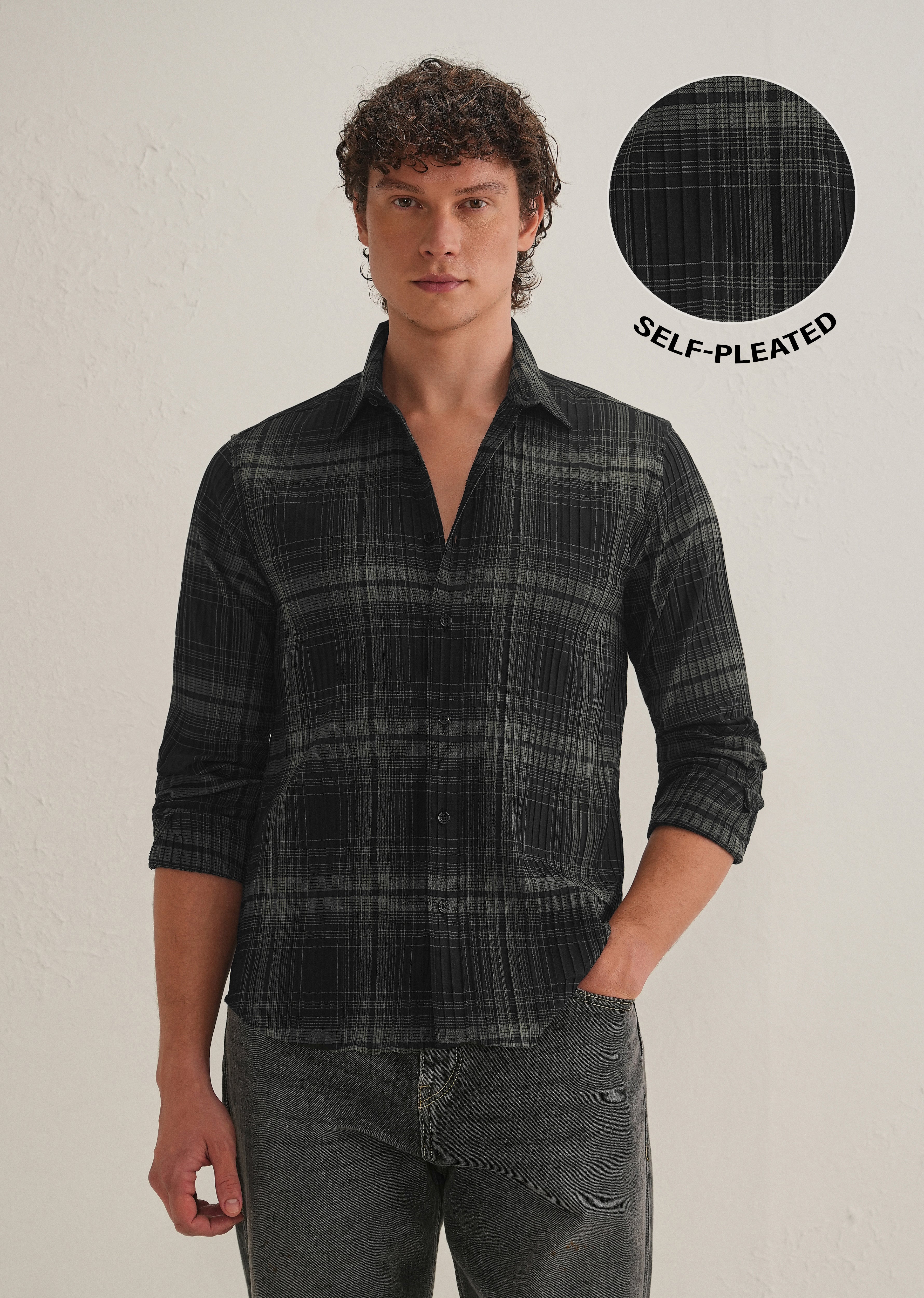 Black Self-Pleated Check Shirt