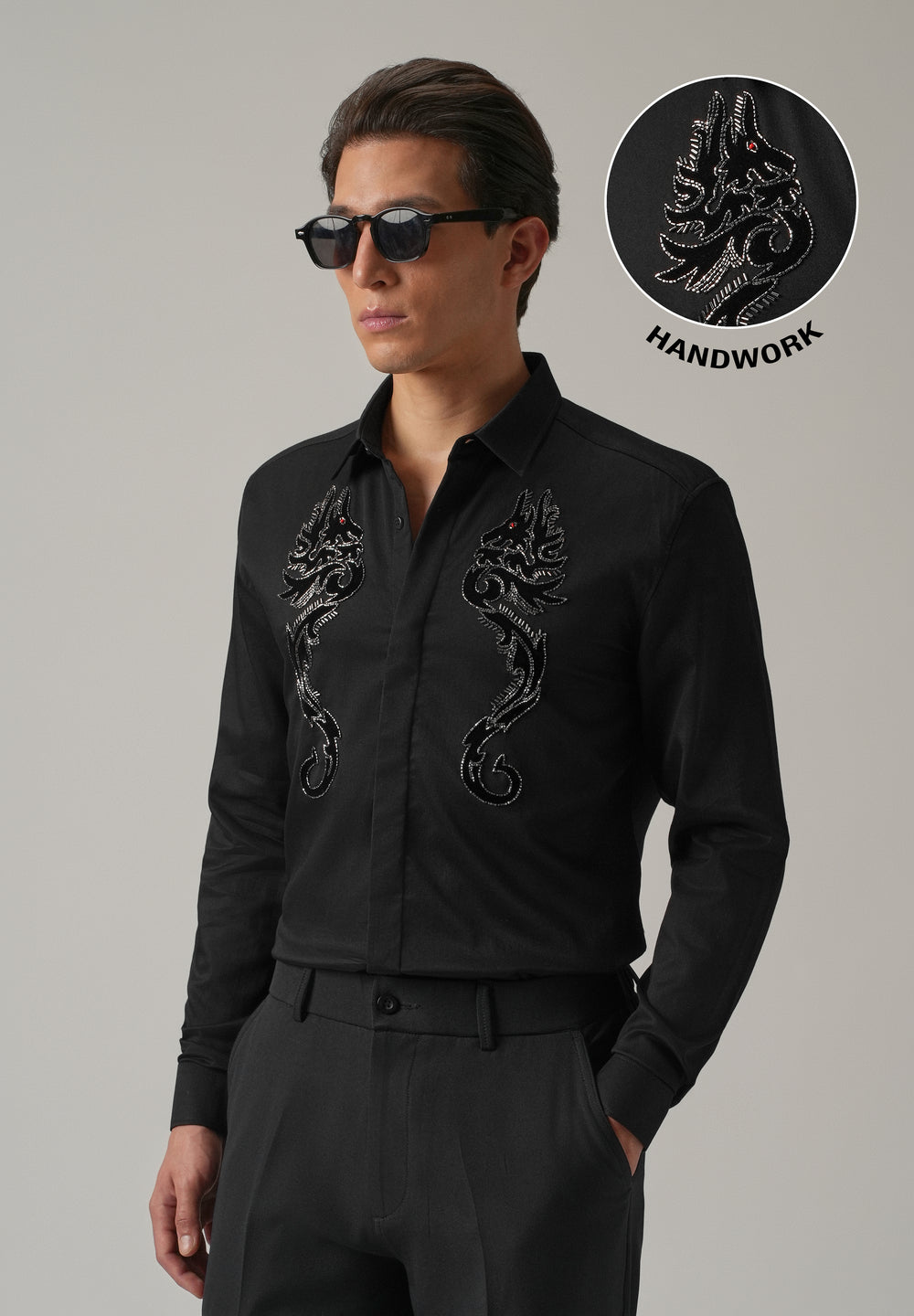 Black Serpentine Dragon Handwork Designer Shirt