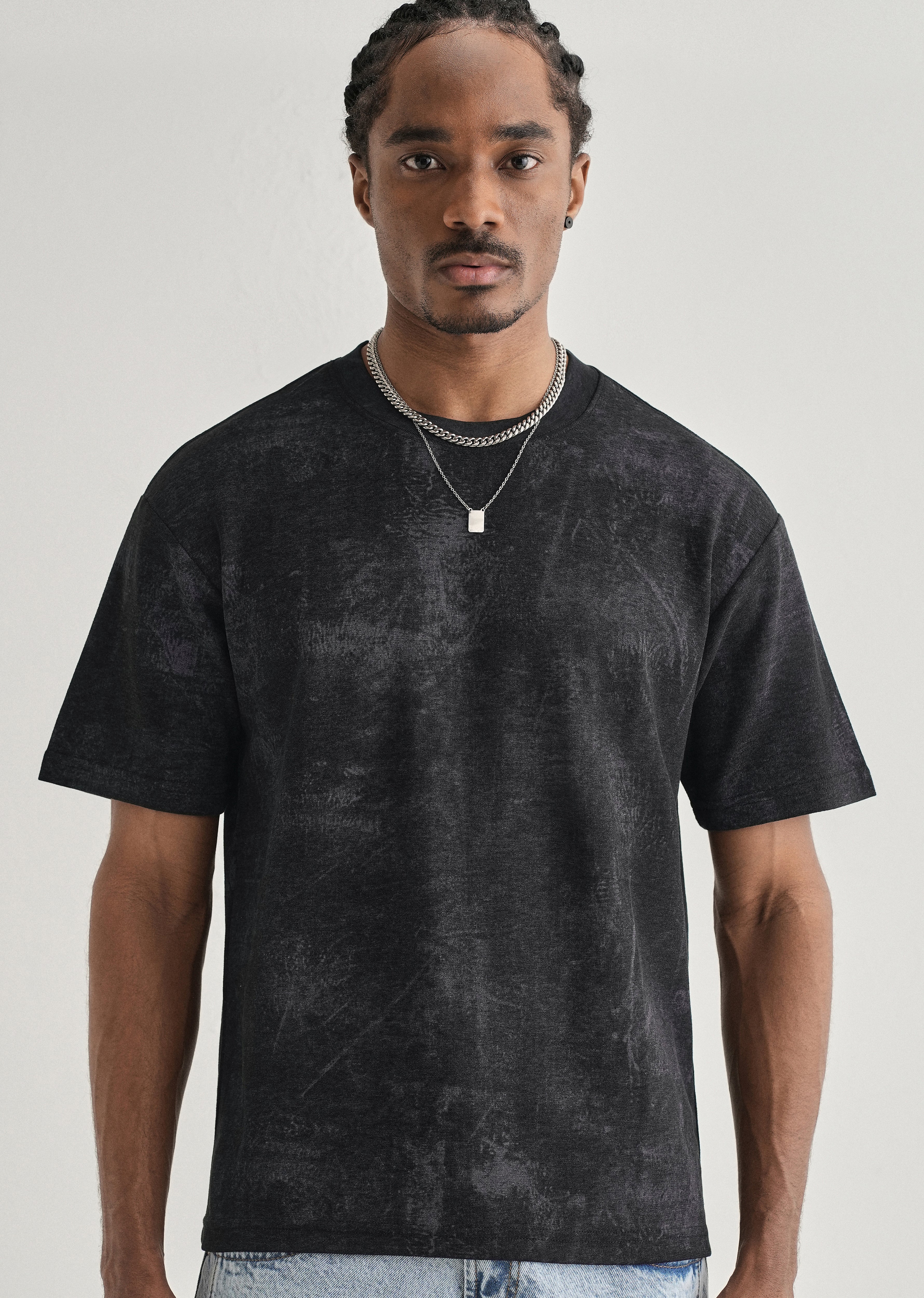 STONE  ブラック Tシャツ Black Stone Wash Textured Oversized T-shirt