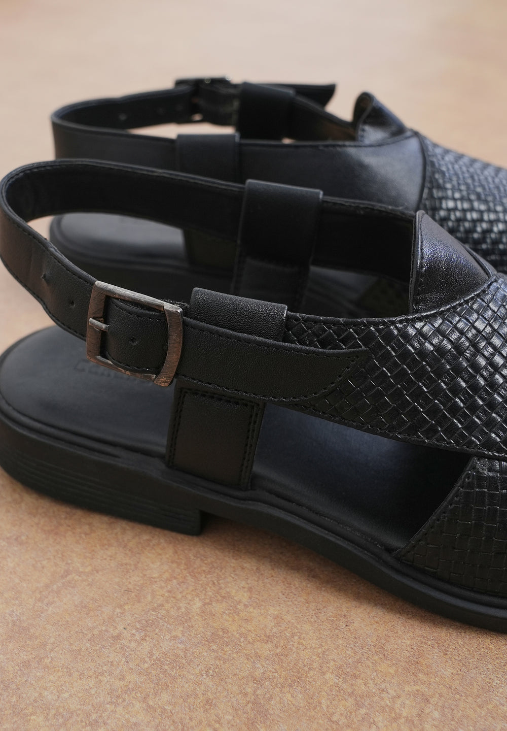 Black Textured Back Strap Comfort Sandals