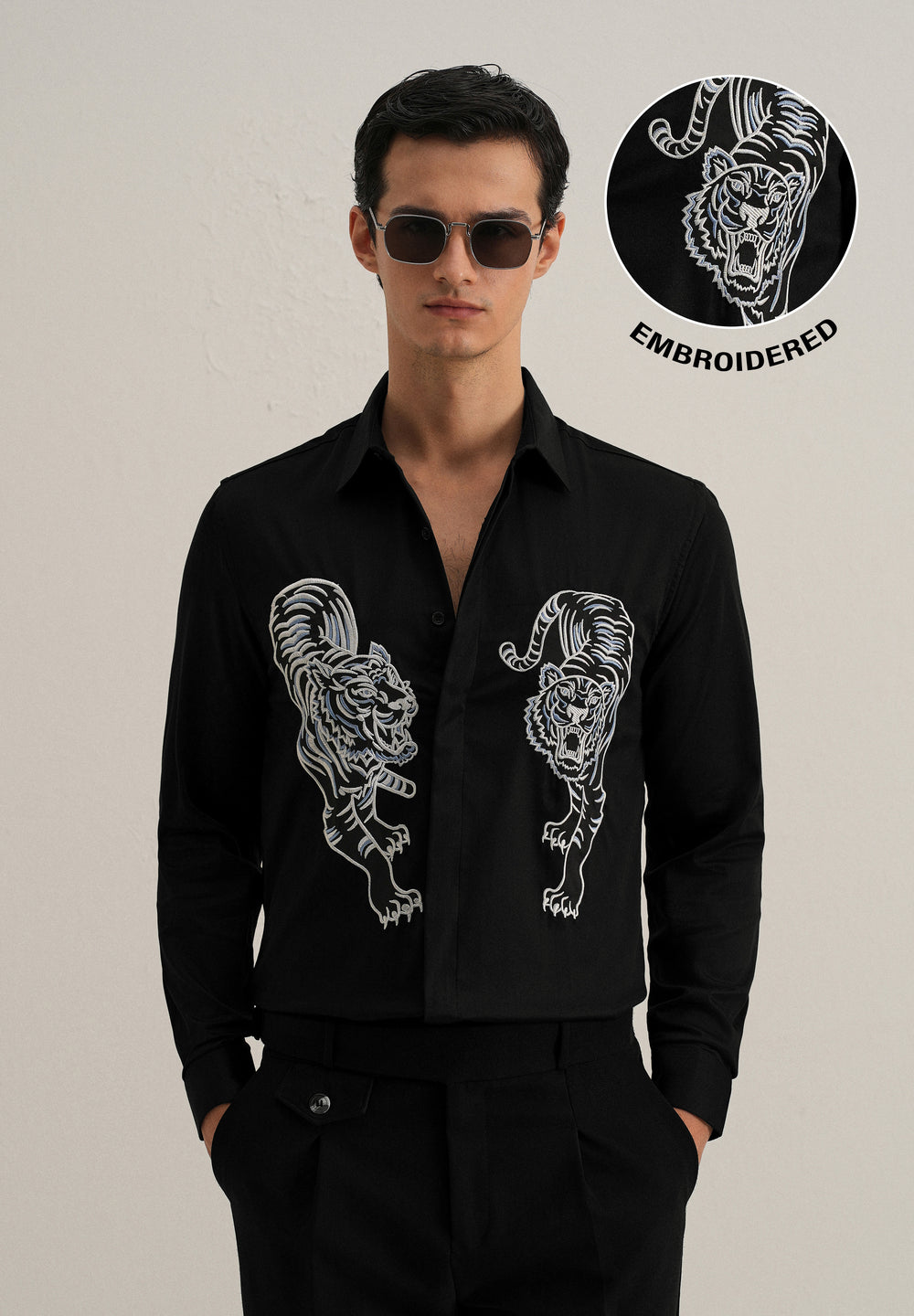 Black Tiger Embroidered Designer Shirt