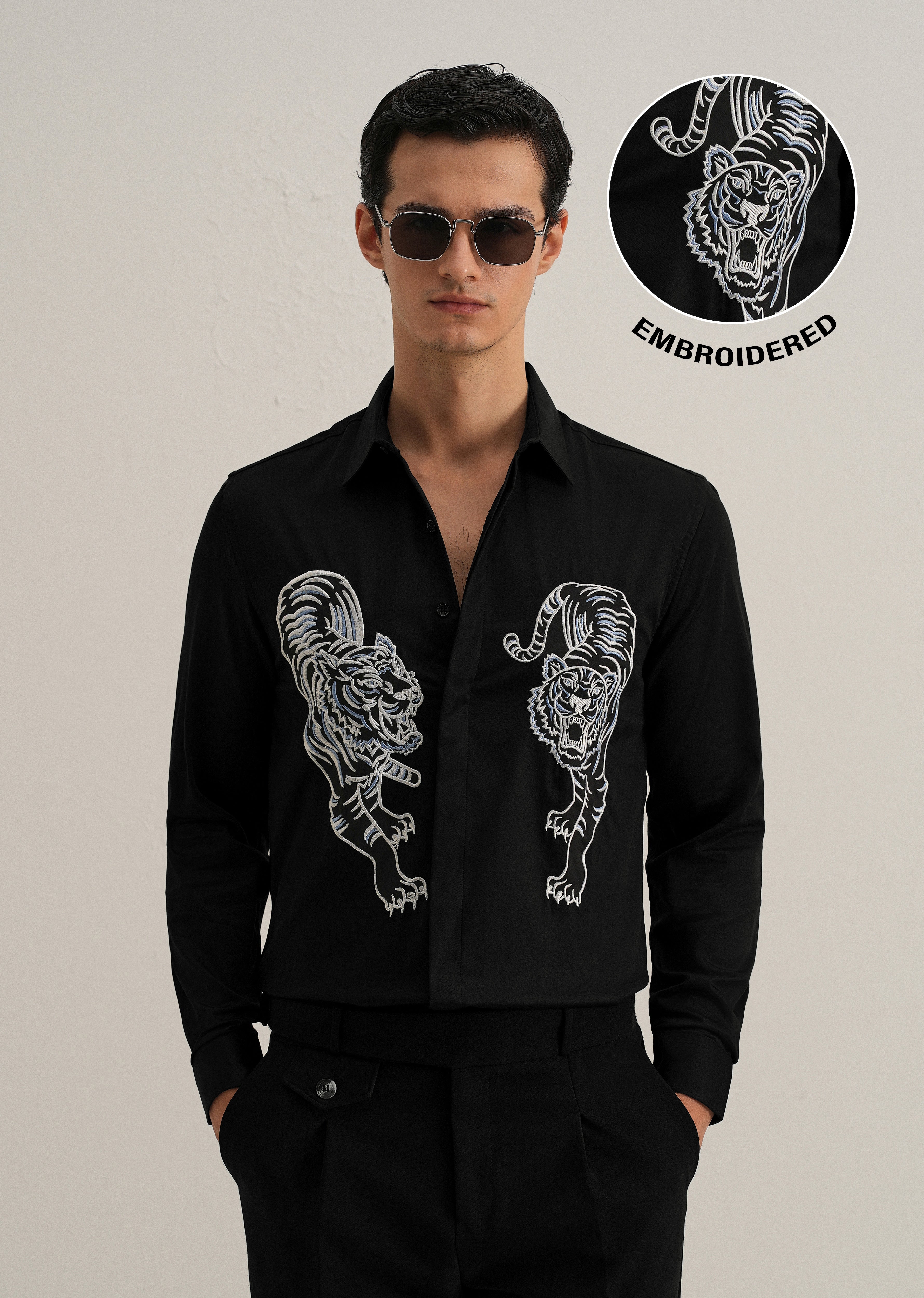 Black Tiger Embroidered Designer Shirt