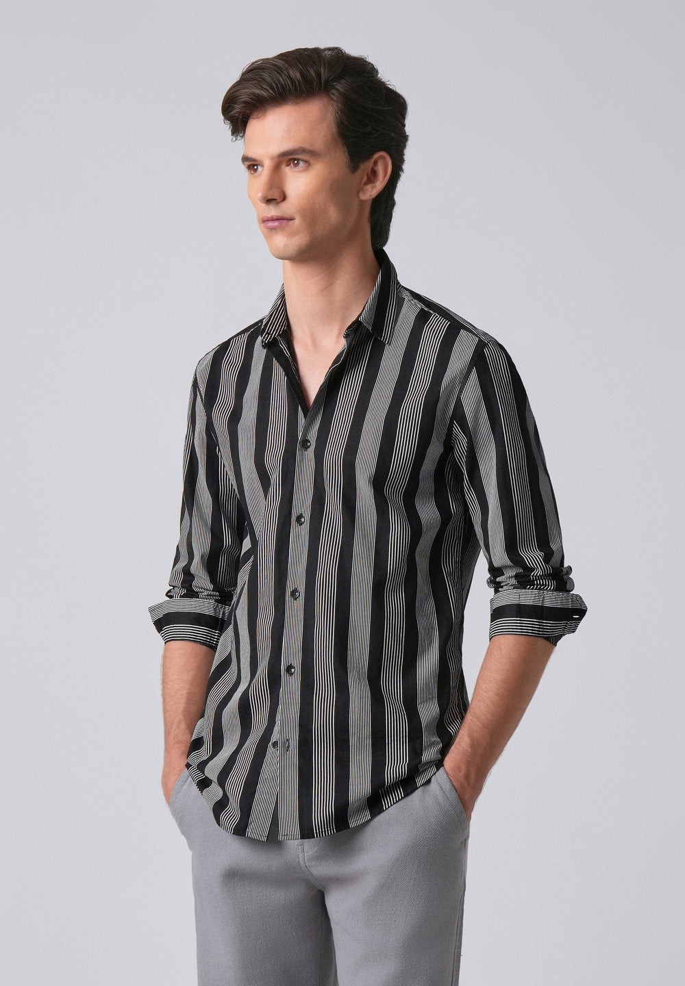 Black Vertical Pin Stripe Cotton/Linen Shirt