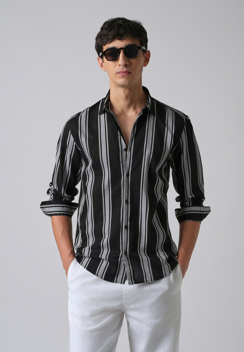 Black Vertical Stripe Cotton/Linen Shirt