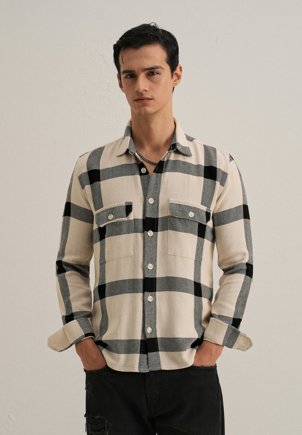 Black & White Brushed Cotton Check Shirt