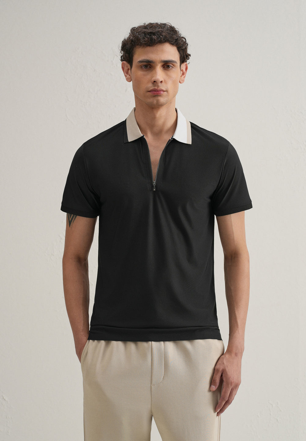 Black Zipper Polo Collar Seamless T-shirt