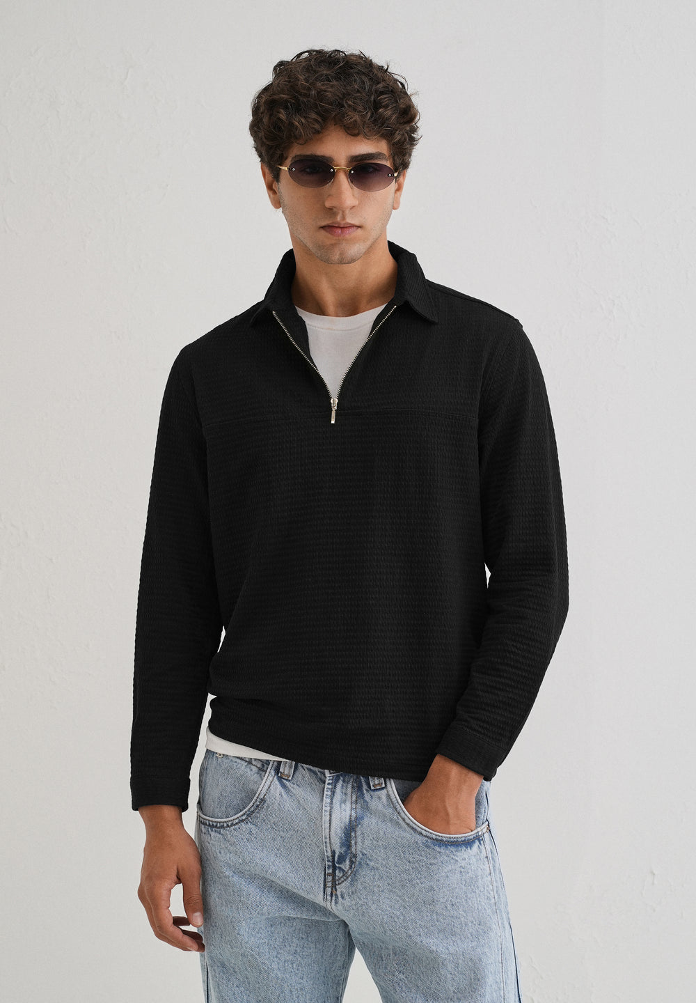 Black Zipper Polo Knit T-shirt