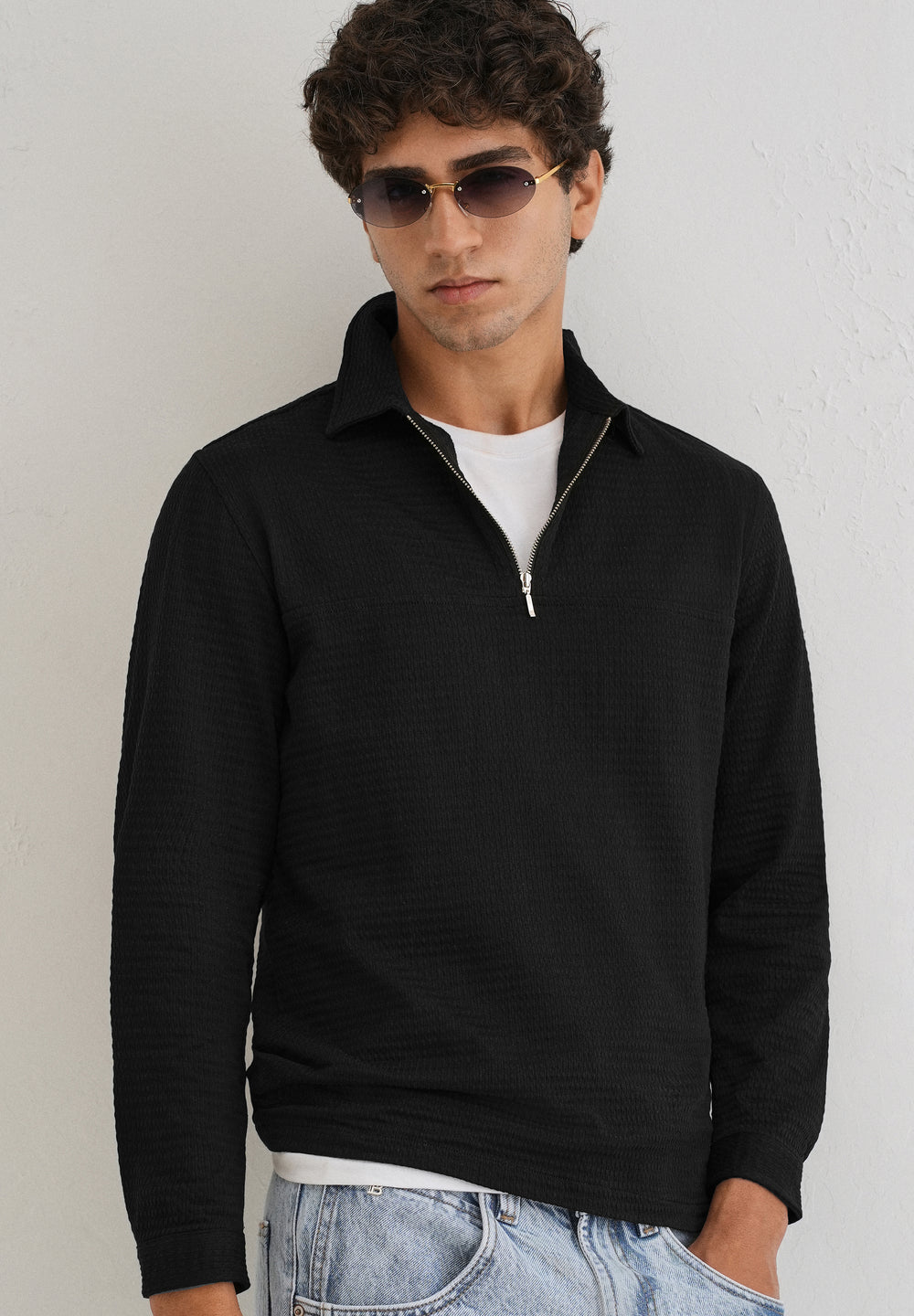 Black Zipper Polo Knit T-shirt