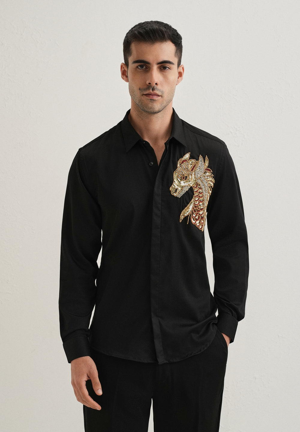 Black Handcrafted Dragon Designer Shirt