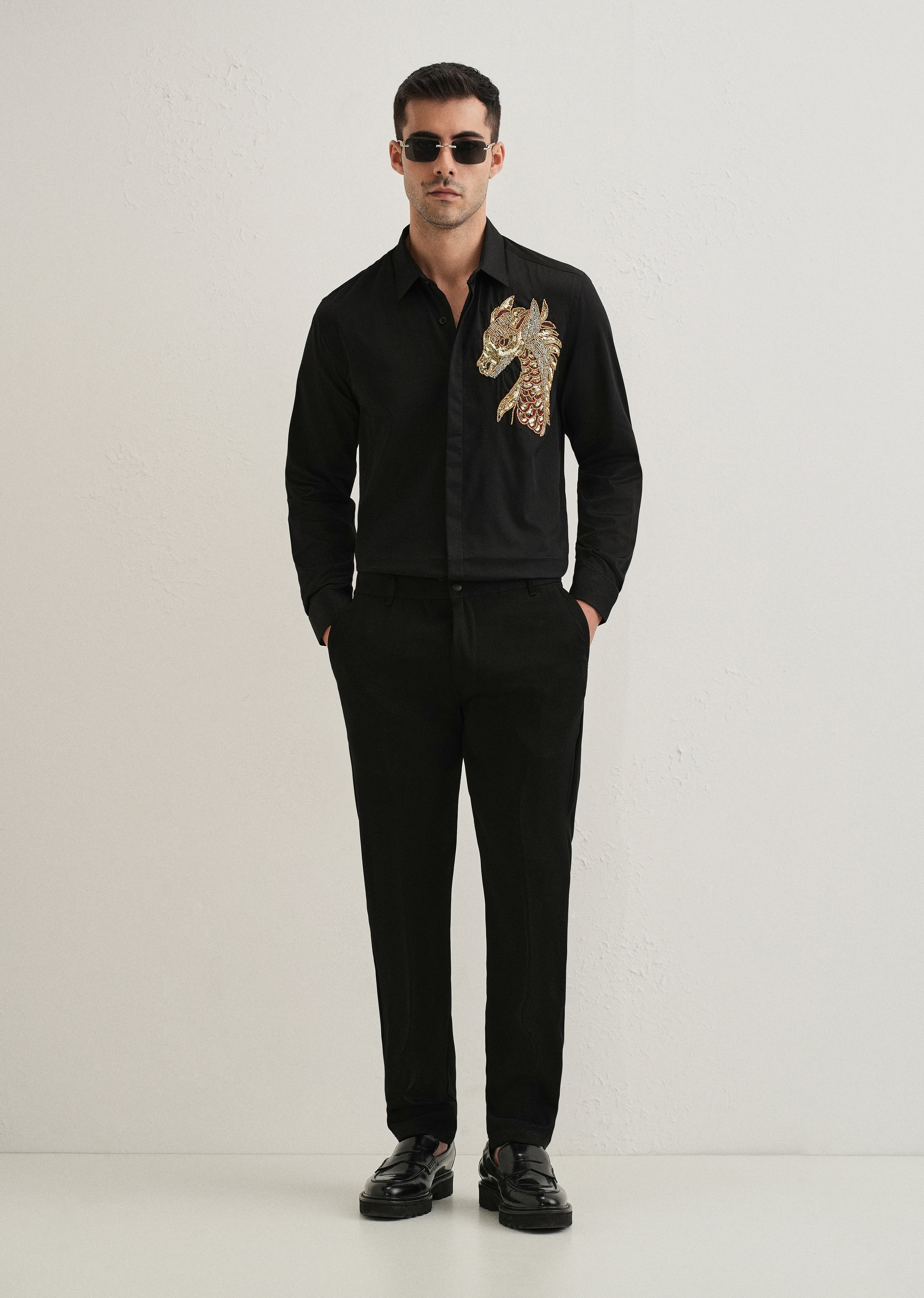 Black Handcrafted Dragon Designer Shirt
