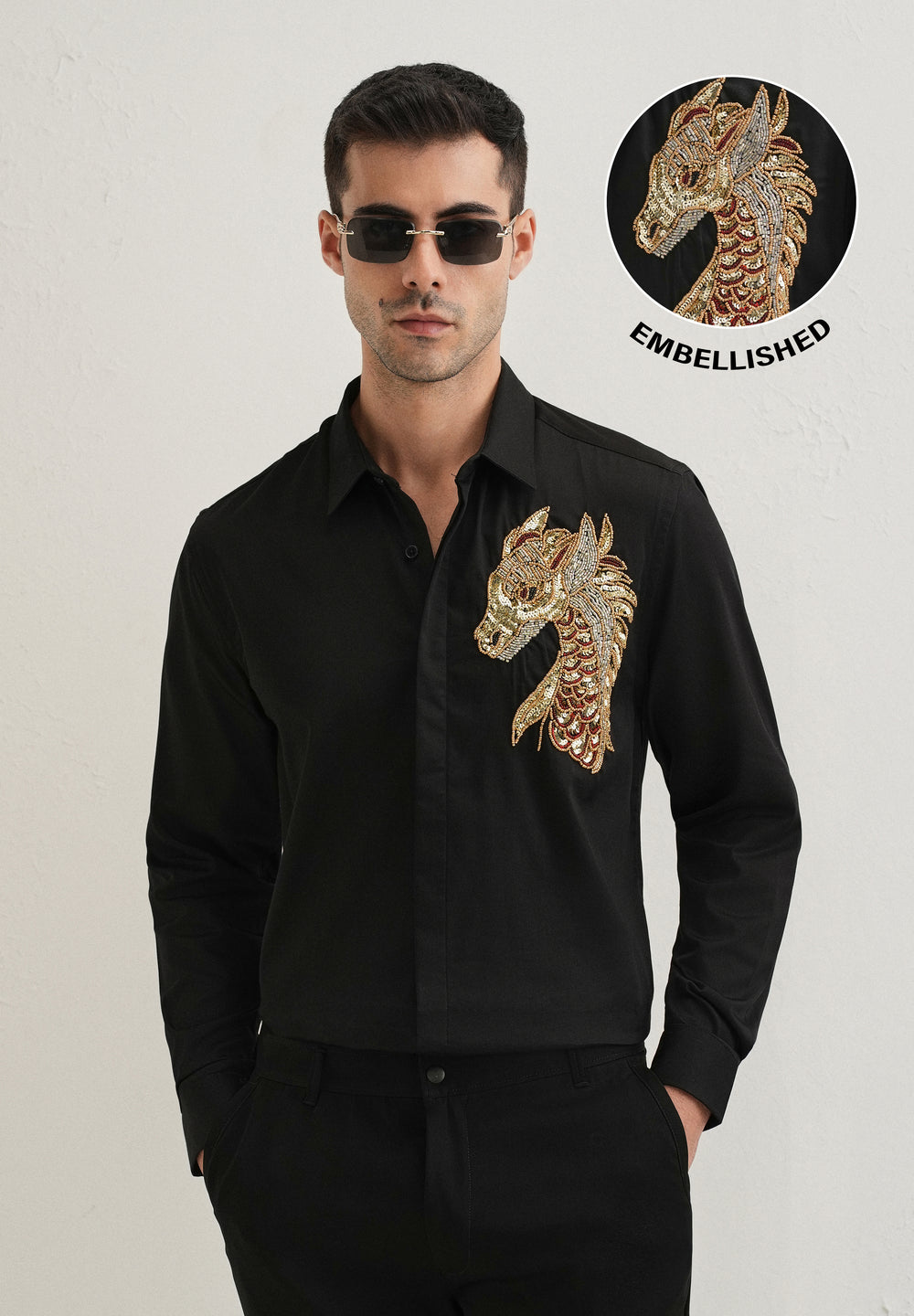 Black Handcrafted Dragon Designer Shirt
