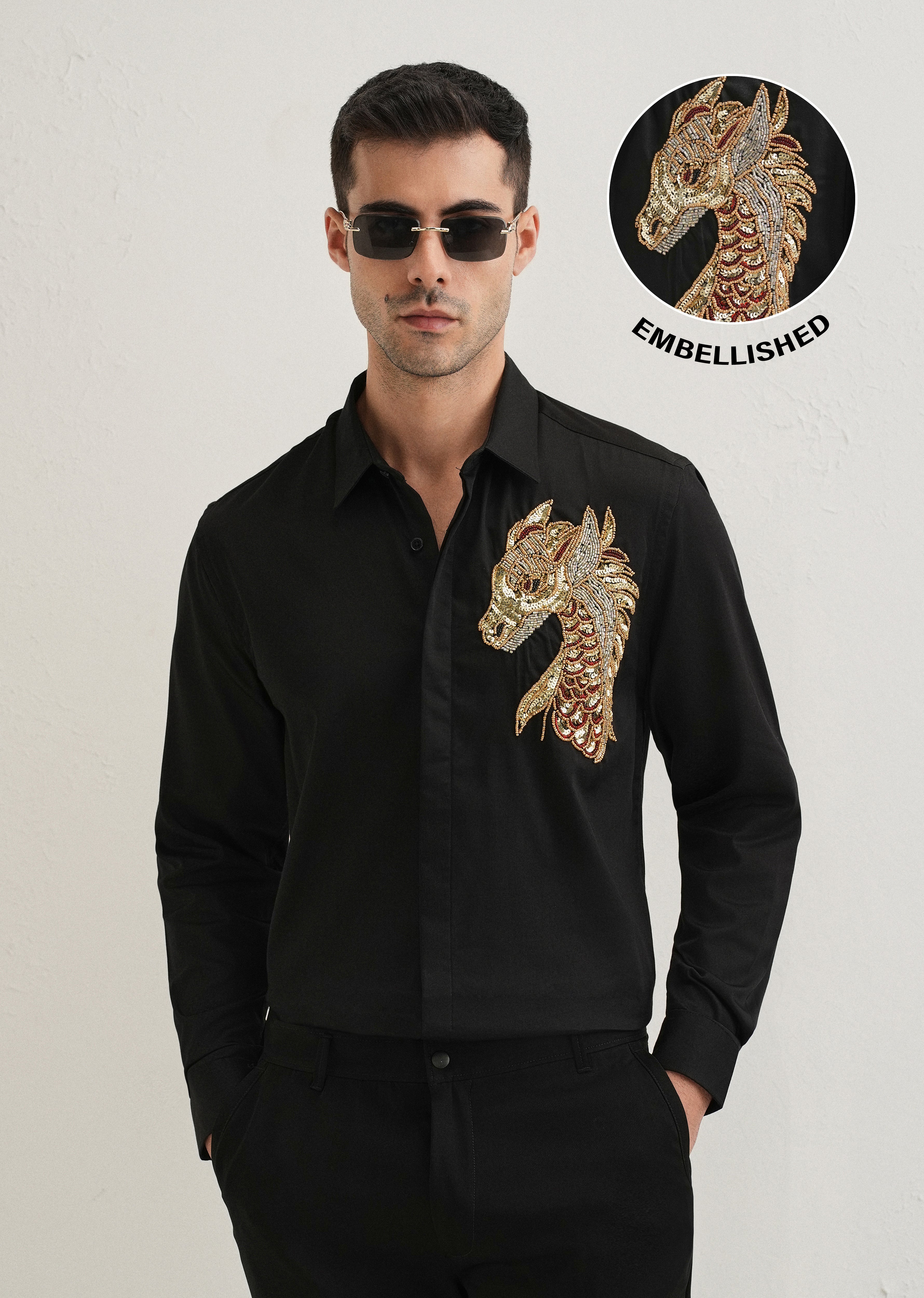 Black Handcrafted Dragon Designer Shirt
