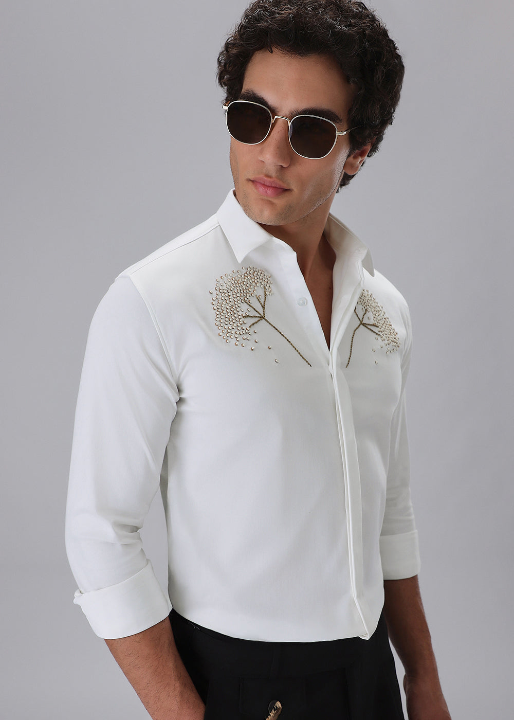 Hand Embroidered White Designer Shirt