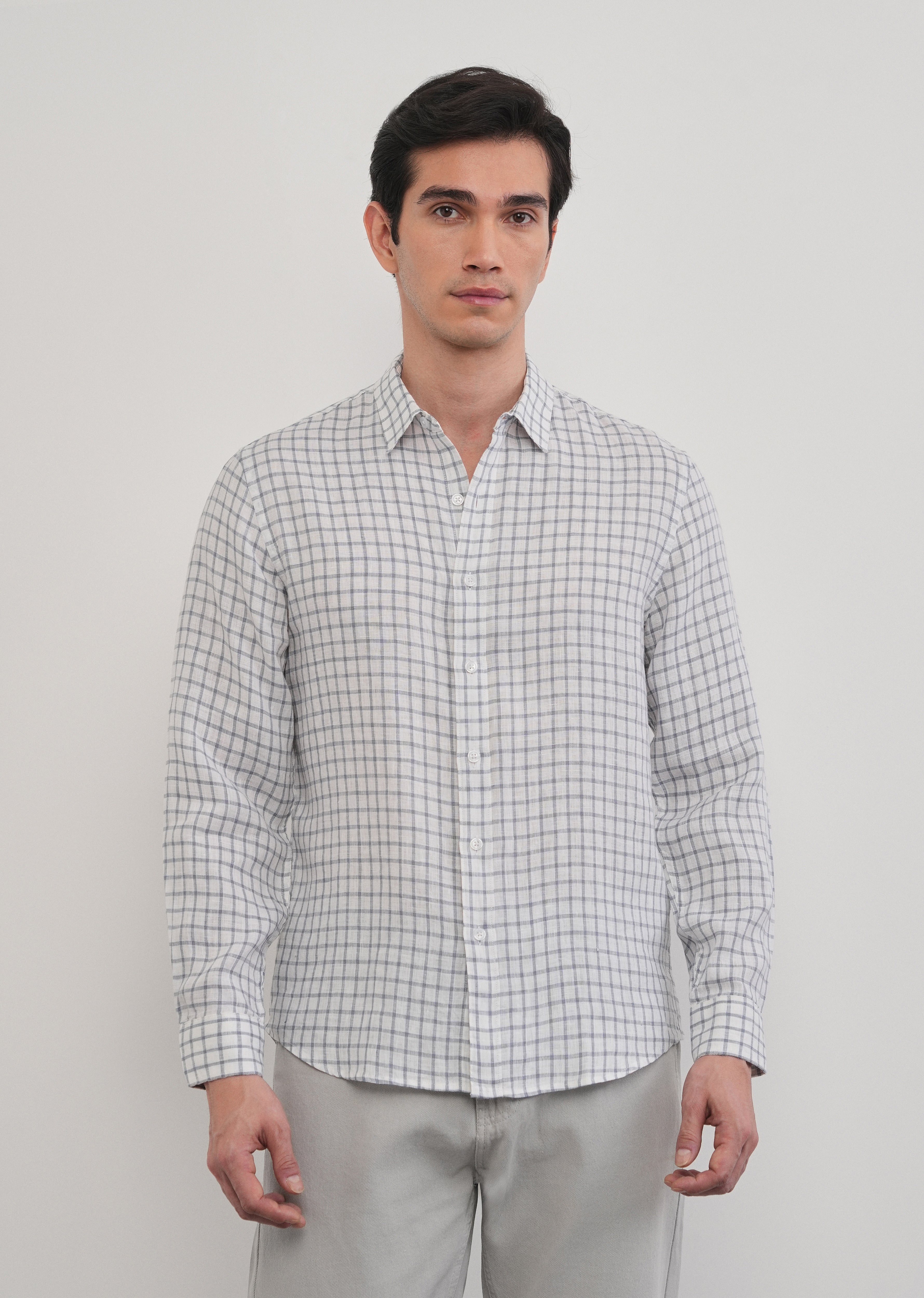 Blue 100% Pure Linen Check Shirt