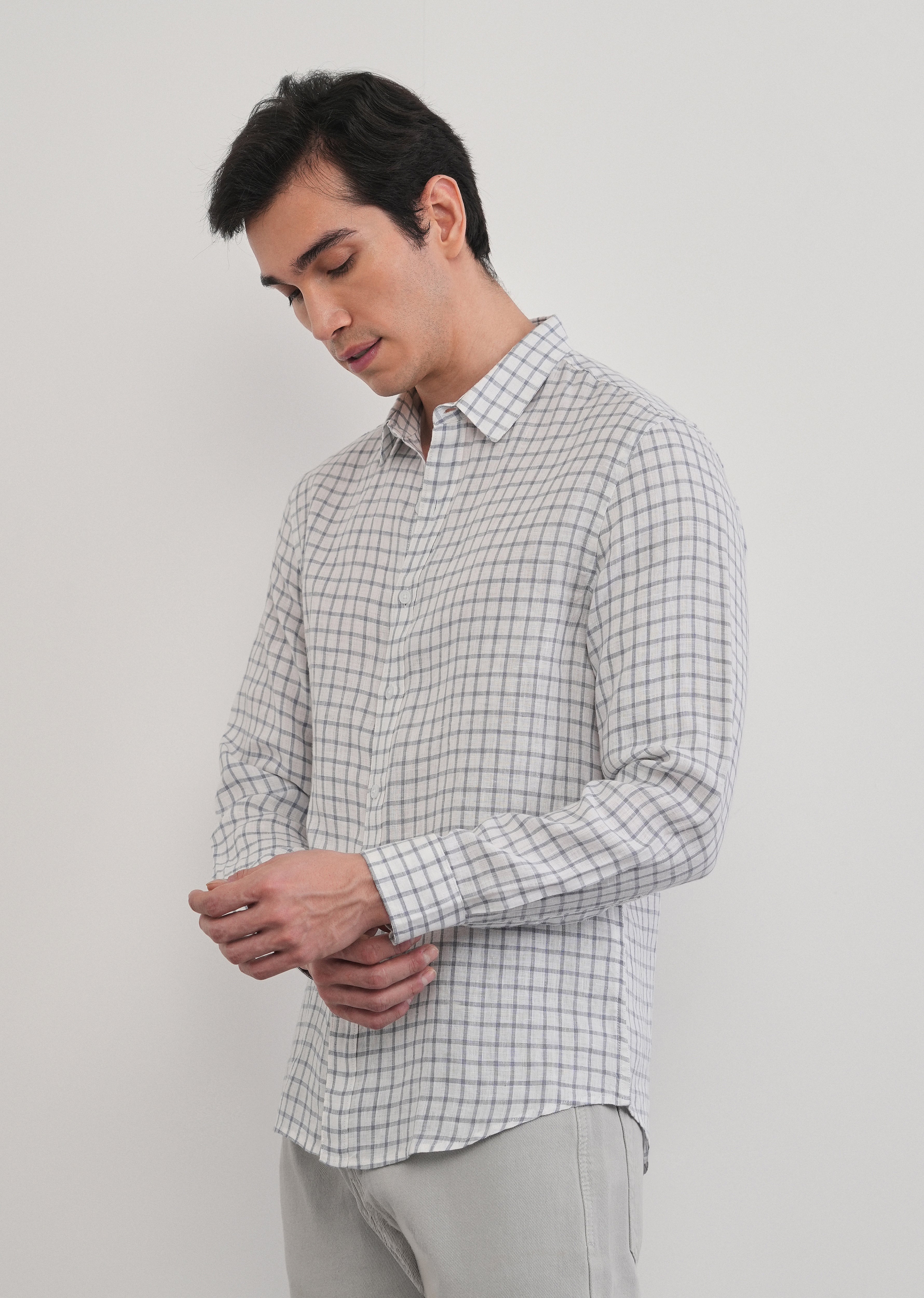Blue 100% Pure Linen Check Shirt