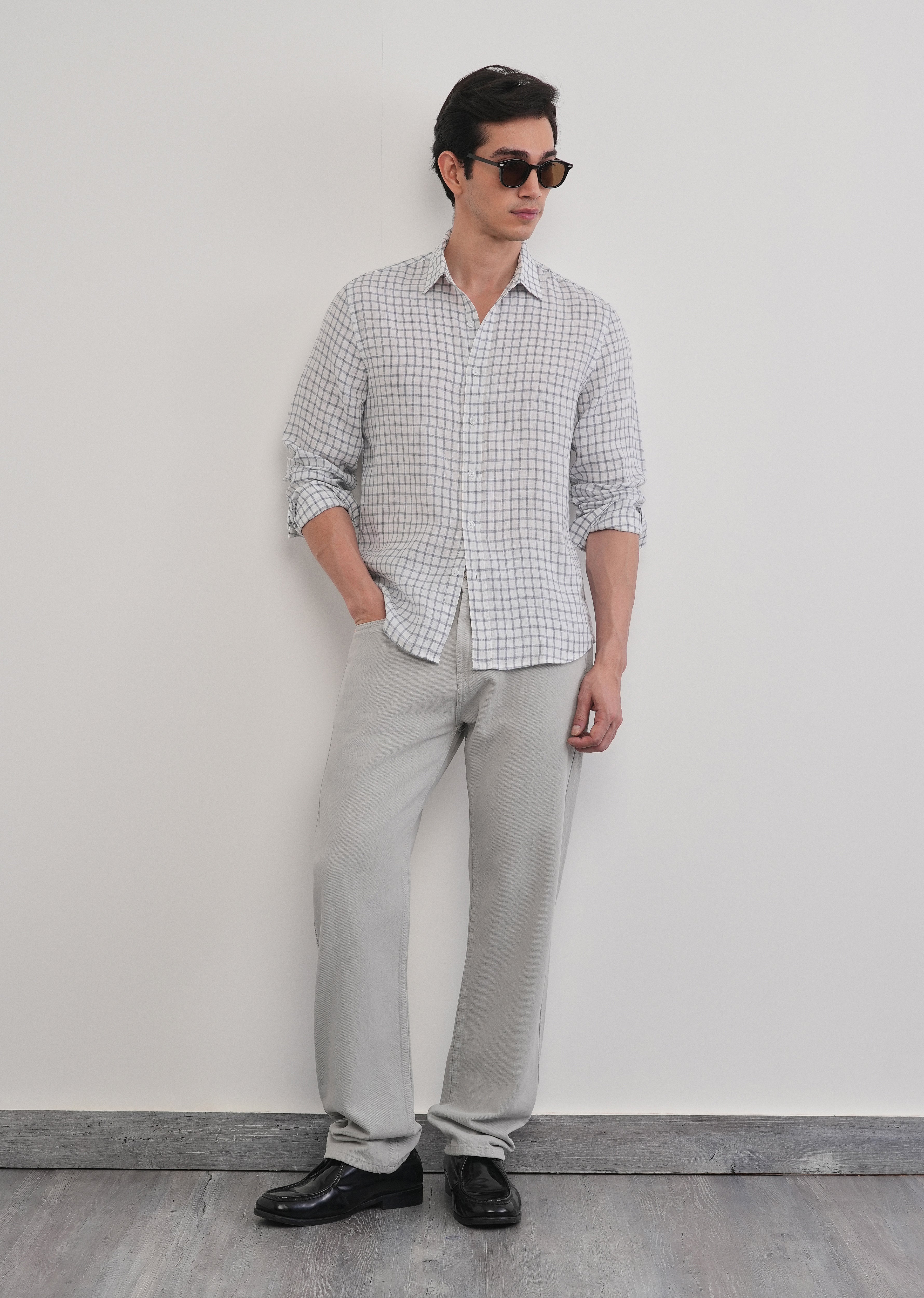 Blue 100% Pure Linen Check Shirt