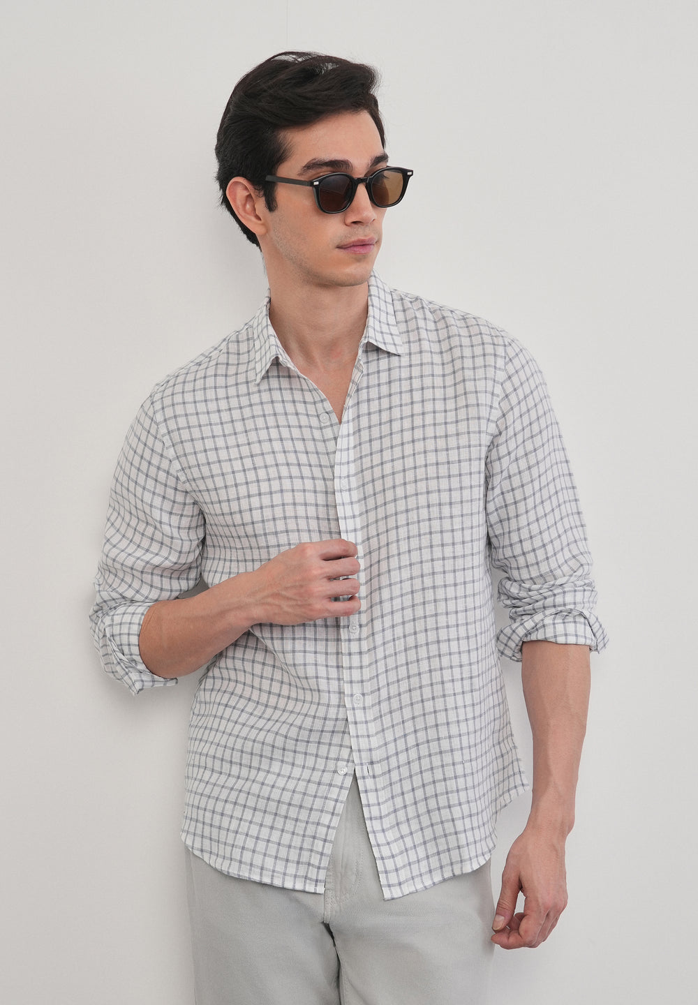 Blue 100% Pure Linen Check Shirt