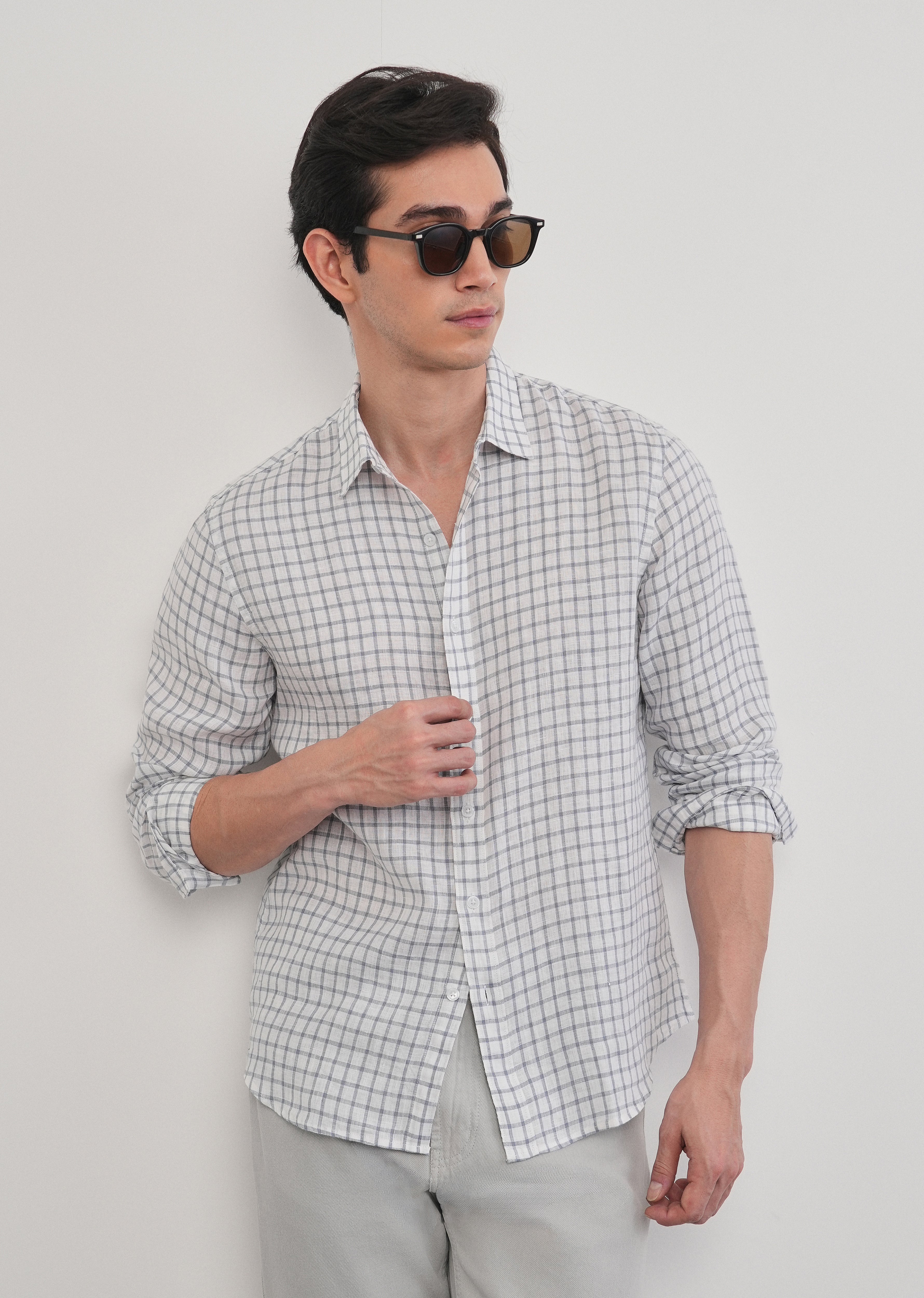 Blue 100% Pure Linen Check Shirt