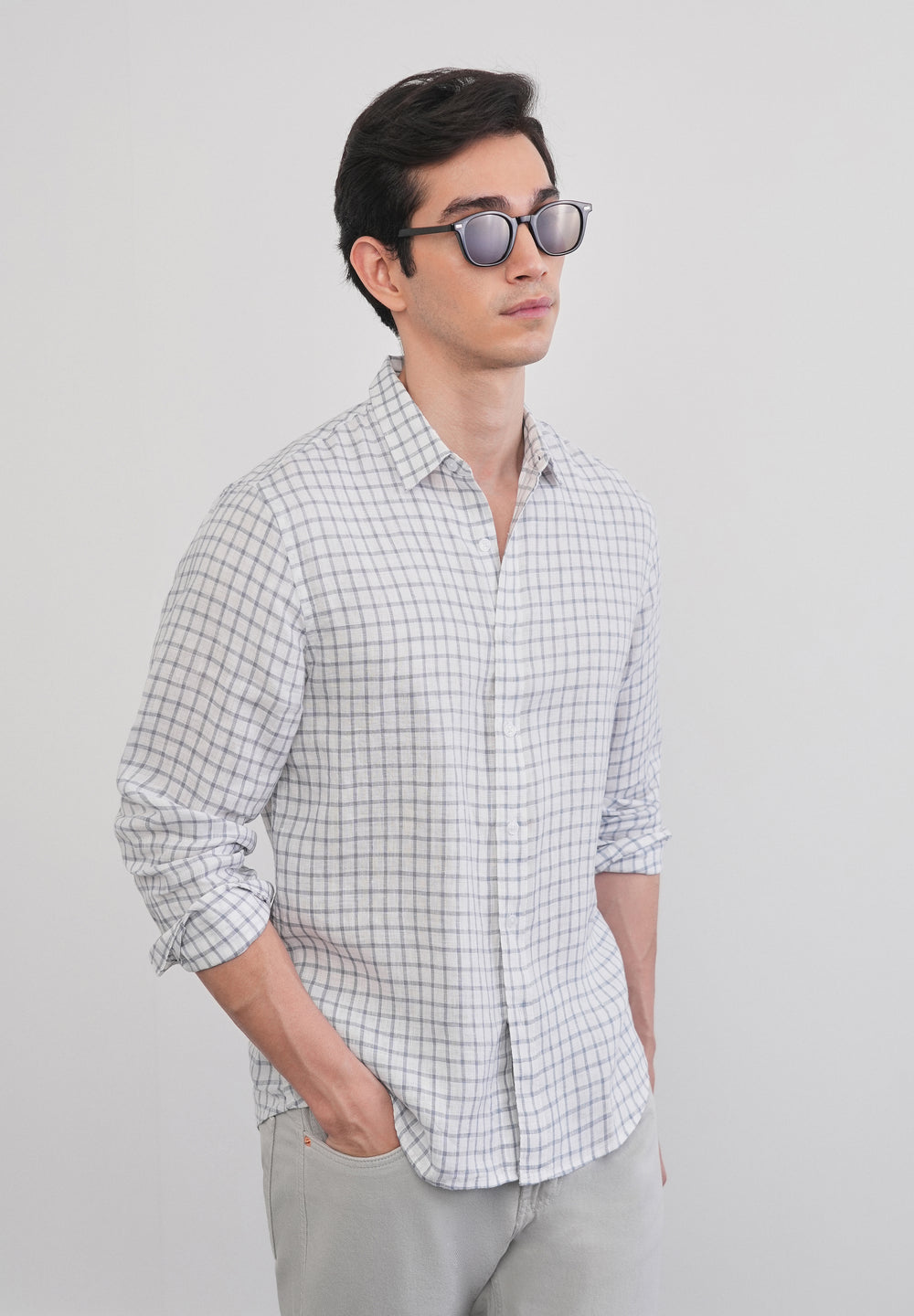 Blue 100% Pure Linen Check Shirt
