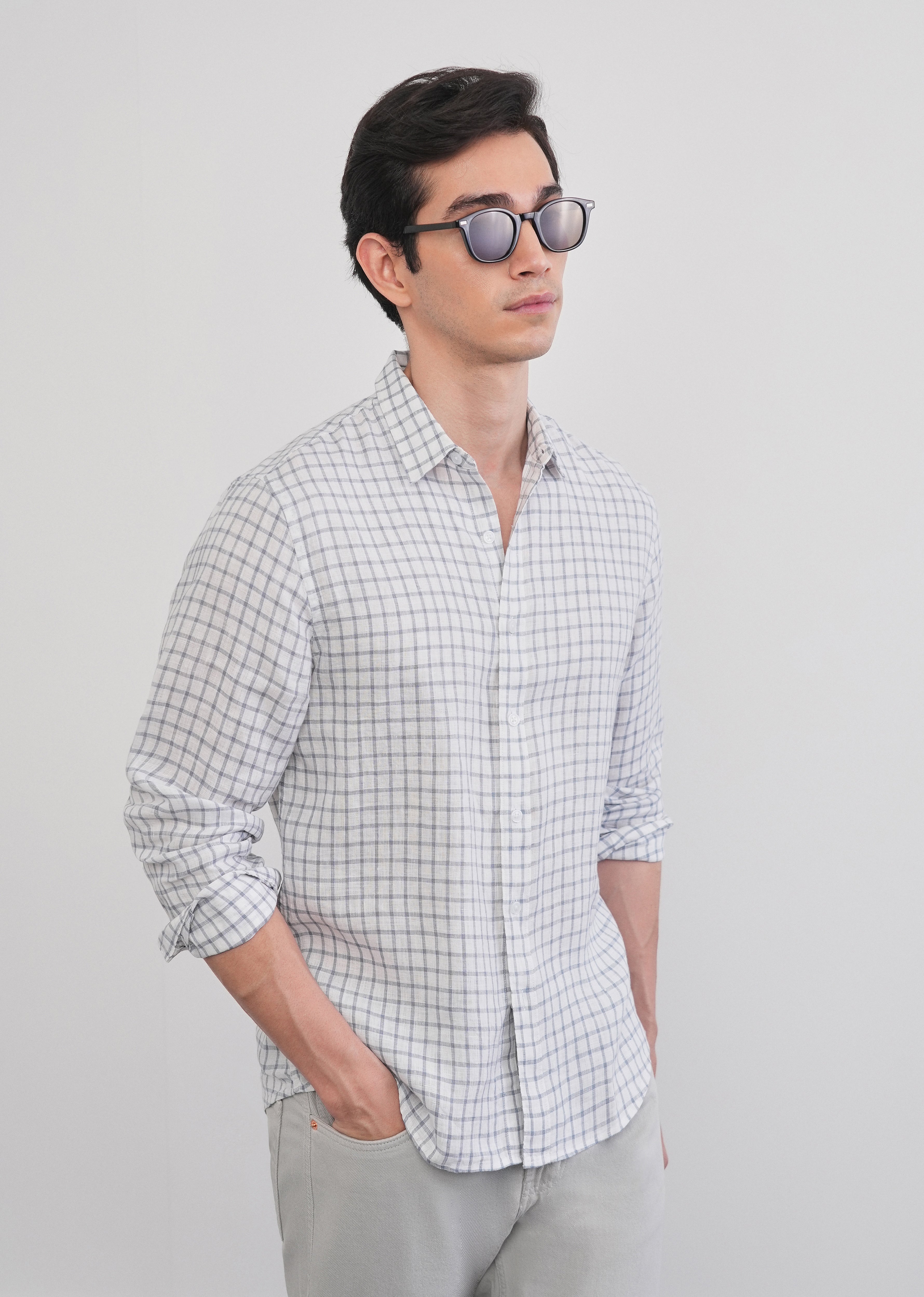 Blue 100% Pure Linen Check Shirt