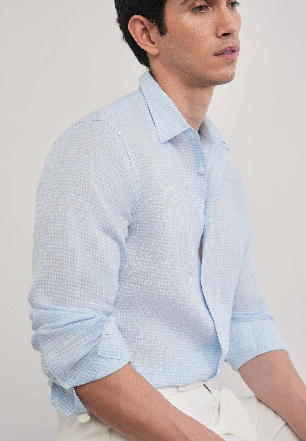 Blue 100% Pure Linen Gingham Check Shirt