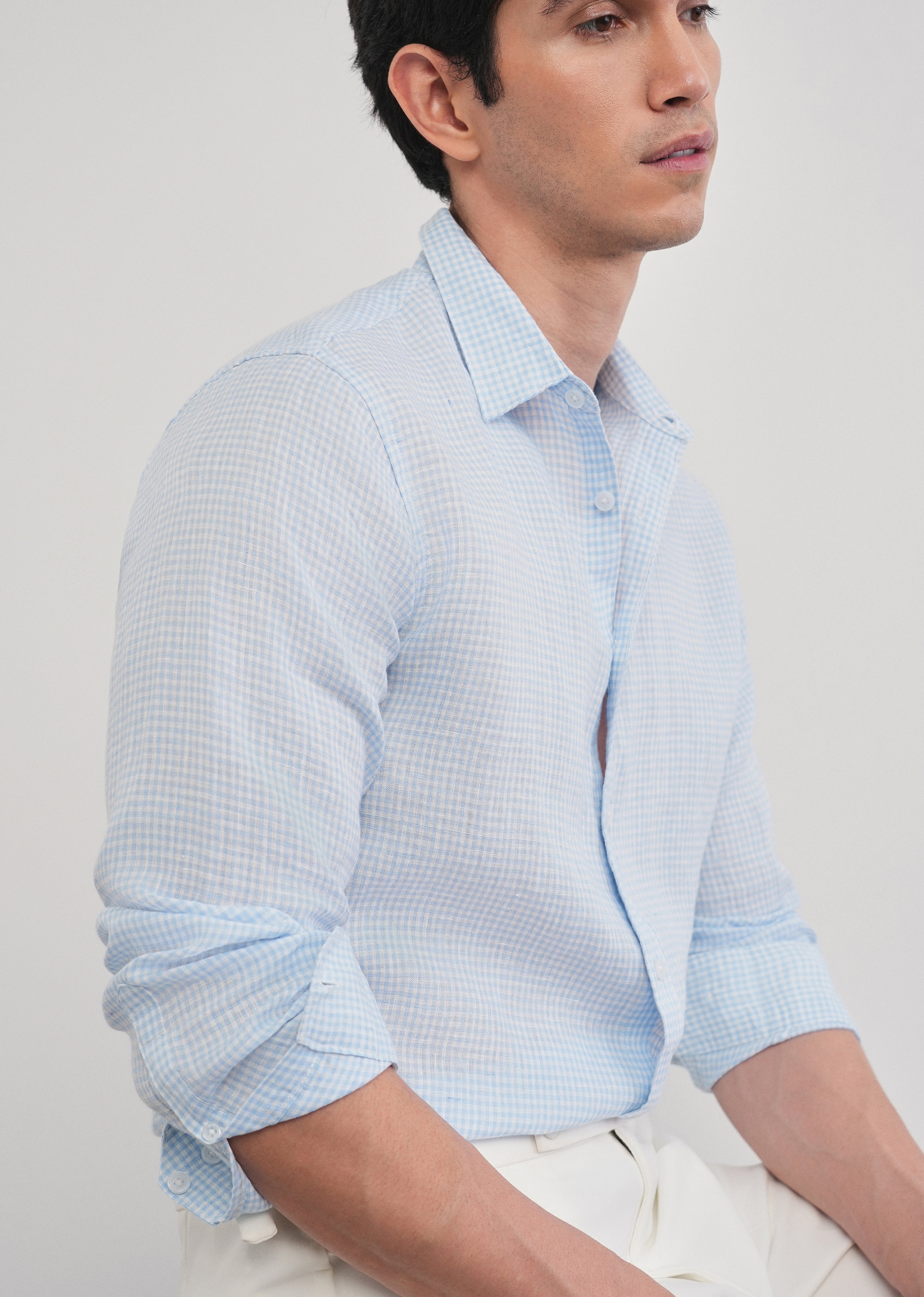Blue 100% Pure Linen Gingham Check Shirt