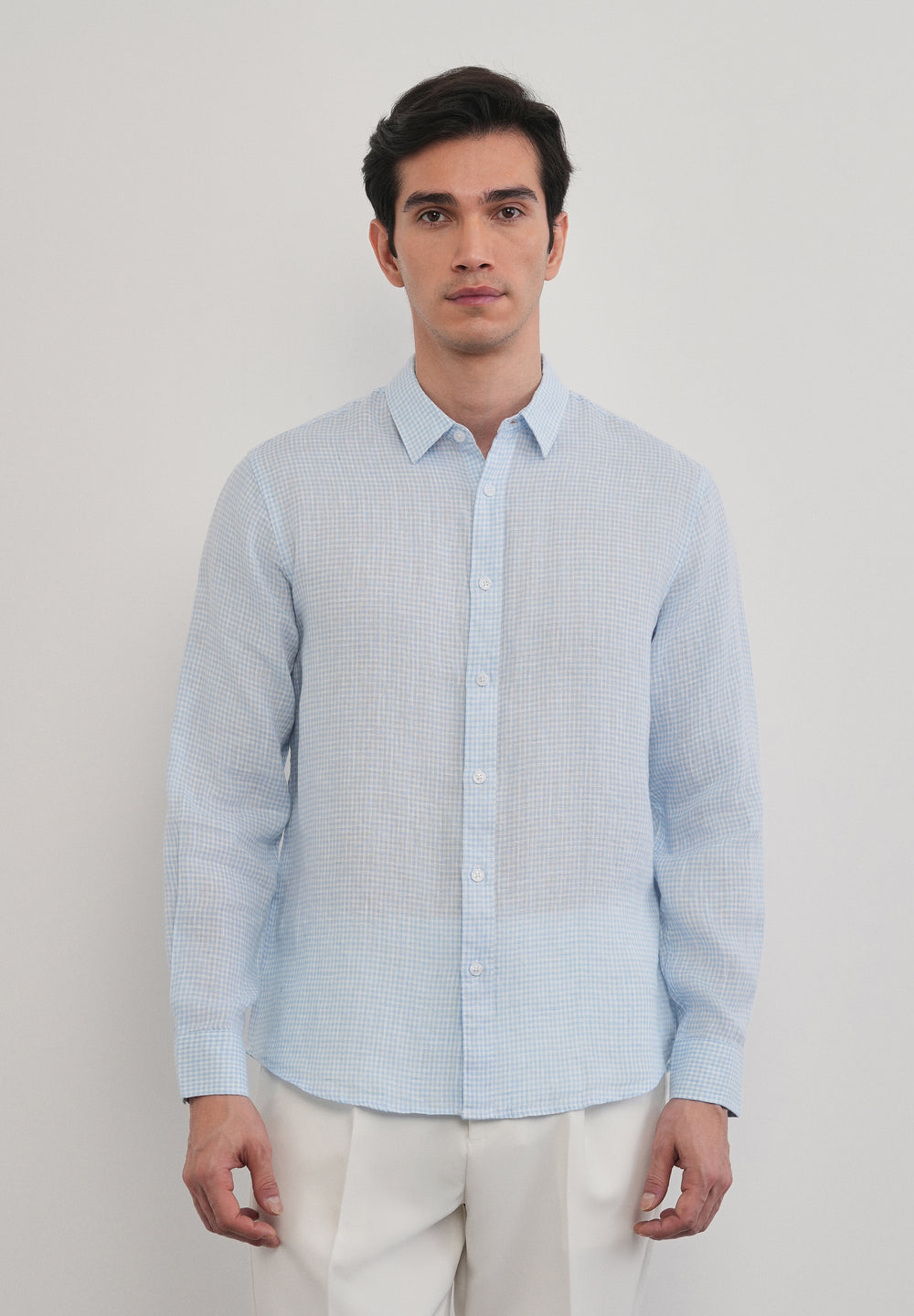 Blue 100% Pure Linen Gingham Check Shirt