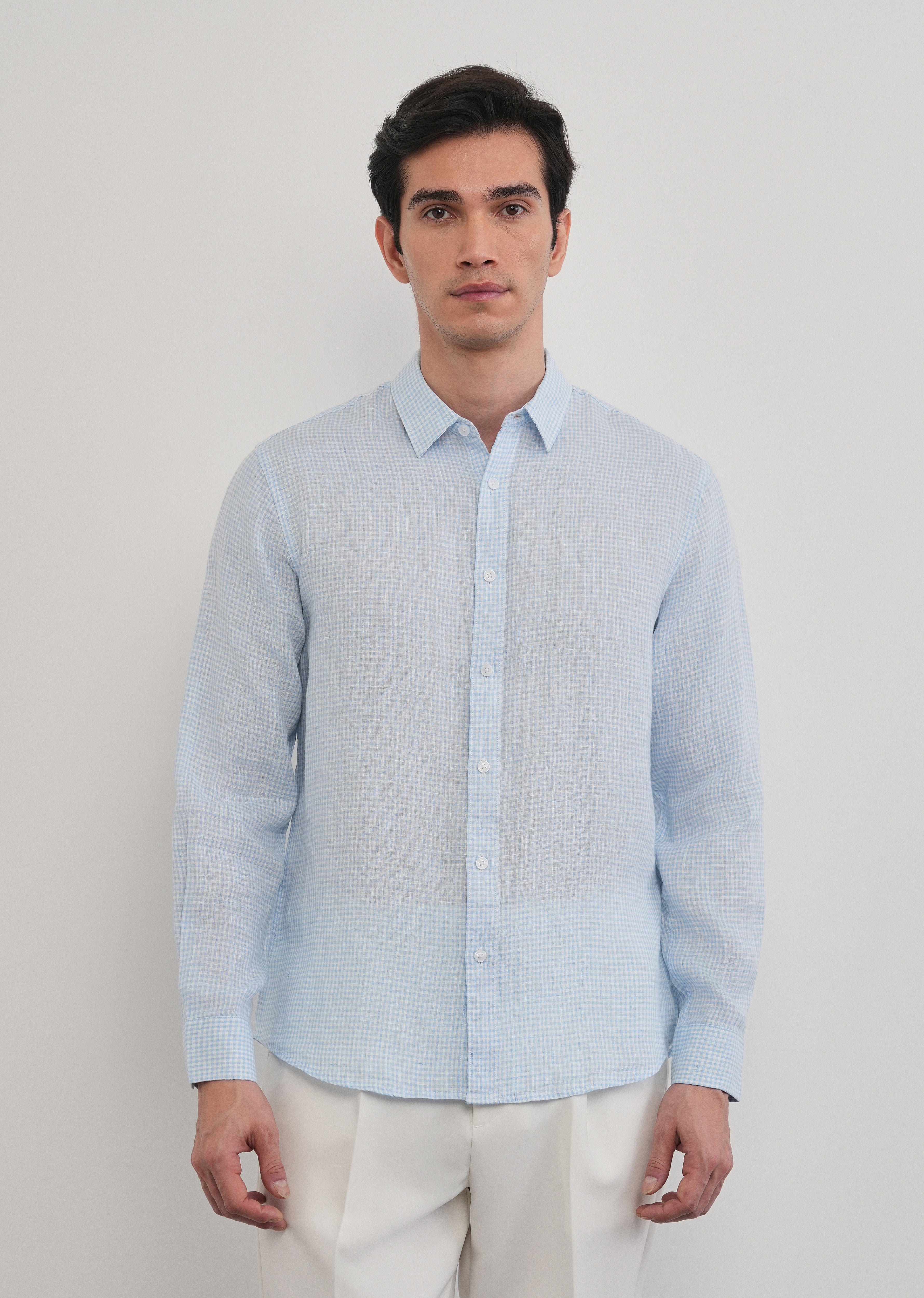 Blue 100% Pure Linen Gingham Check Shirt