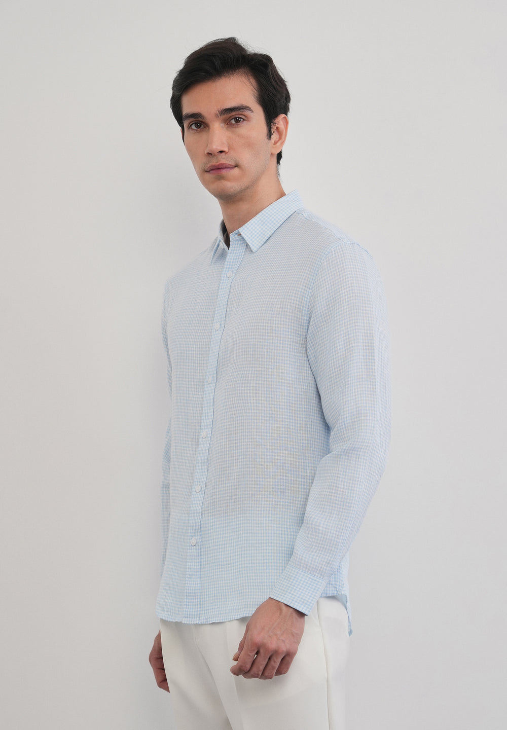 Blue 100% Pure Linen Gingham Check Shirt