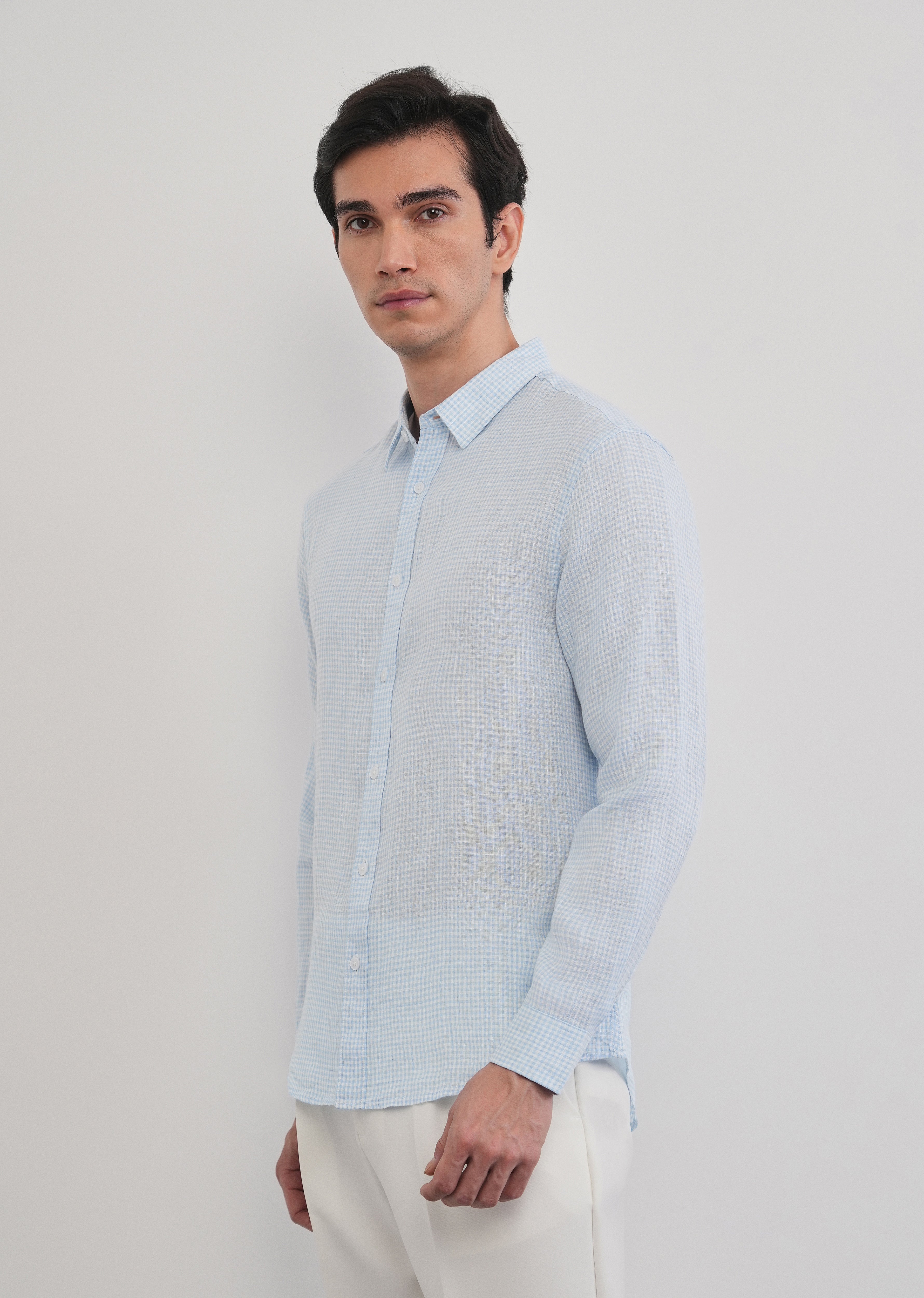 Blue 100% Pure Linen Gingham Check Shirt