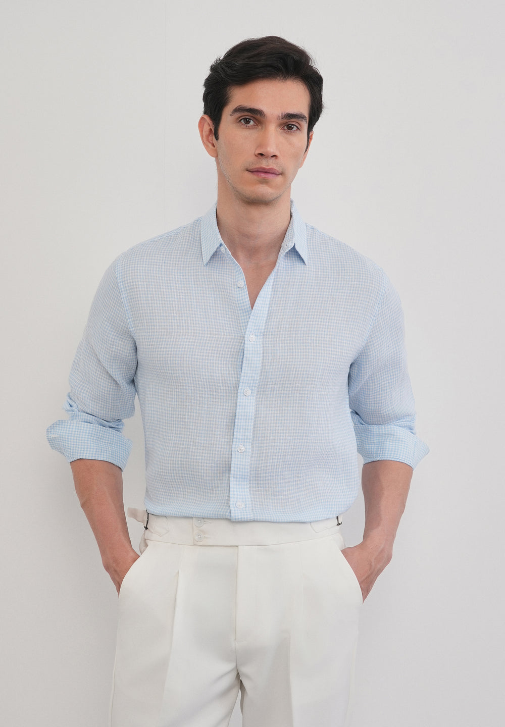 Blue 100% Pure Linen Gingham Check Shirt