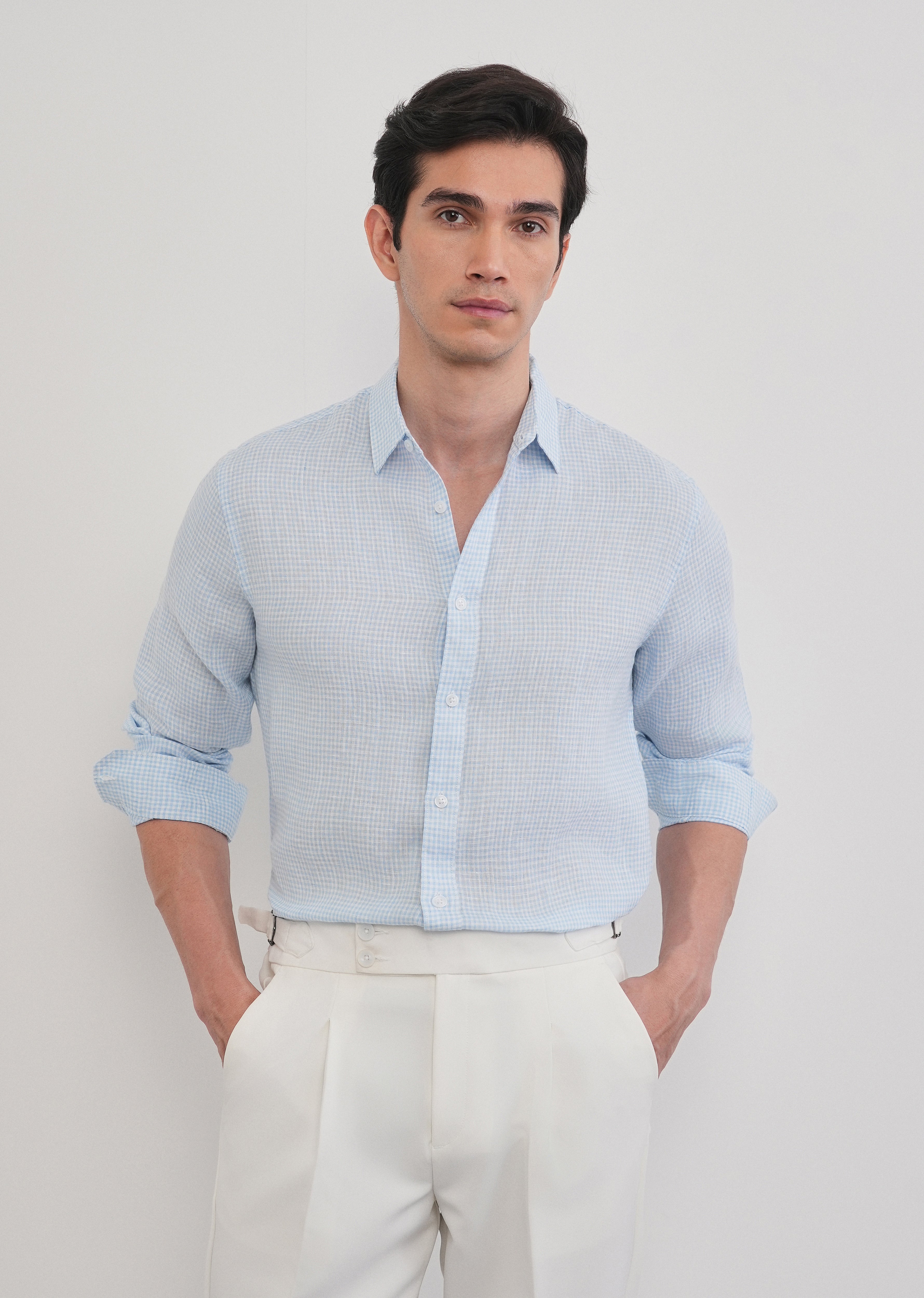 Blue 100% Pure Linen Gingham Check Shirt
