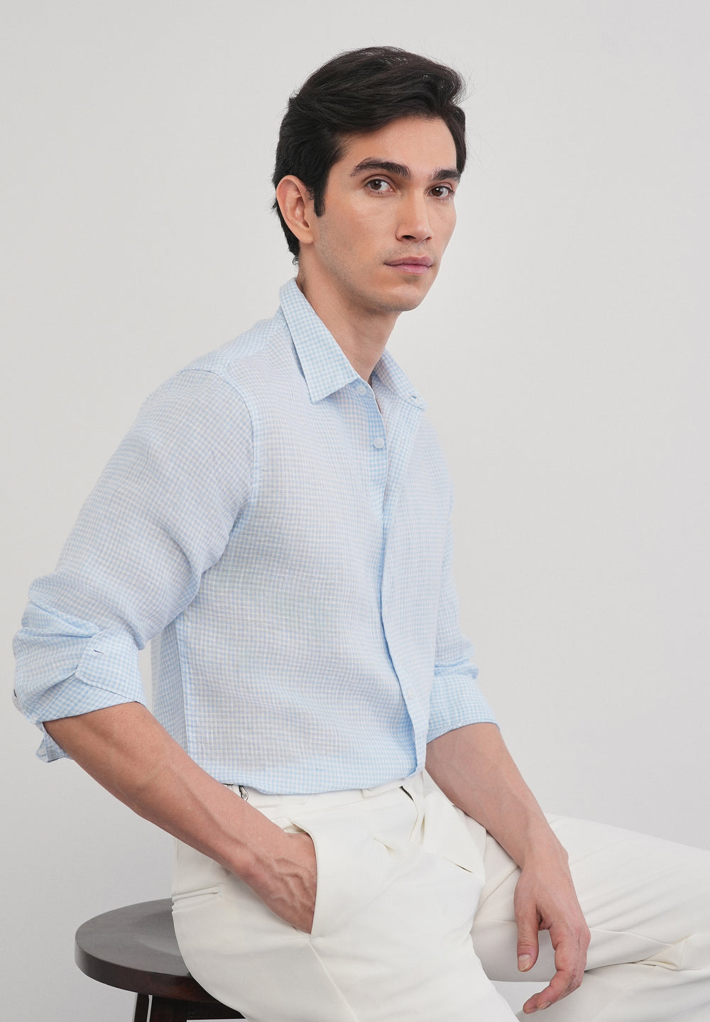 Blue 100% Pure Linen Gingham Check Shirt